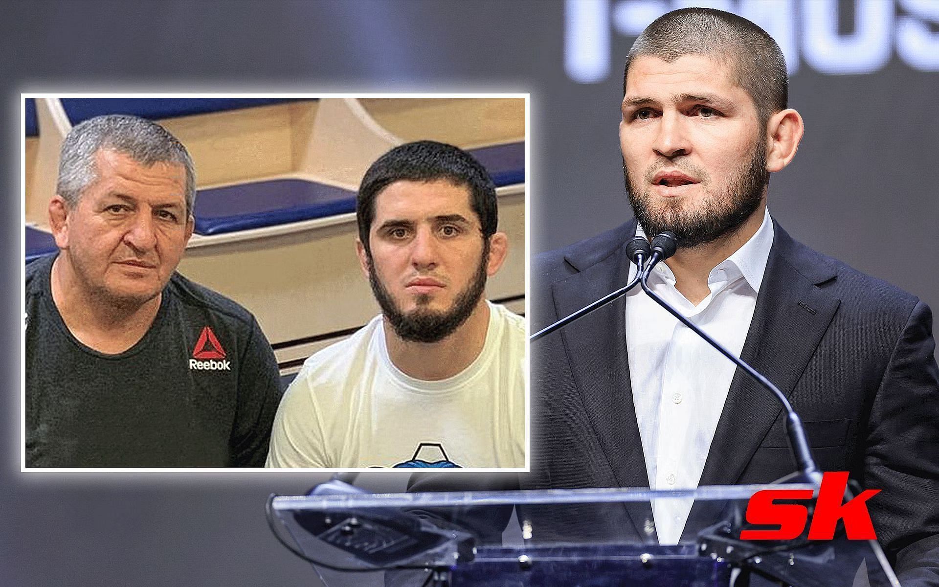 Abdulmanap Nurmagomedov and Islam Makhachev (left) [image courtesy of @islam_makhachev] and Khabib Nurmagomedov (right) [image courtesy of Getty Images]