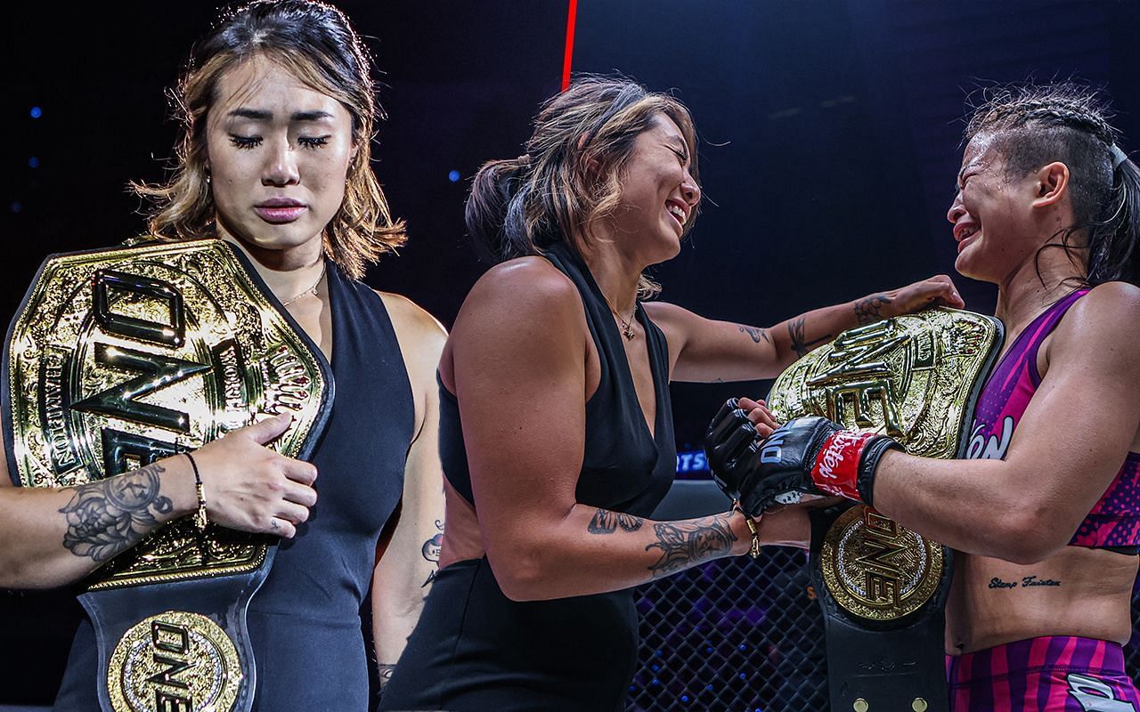 Angela Lee (left) and Lee congratulating Stamp Fairtex (right) | Image credit: ONE Championship