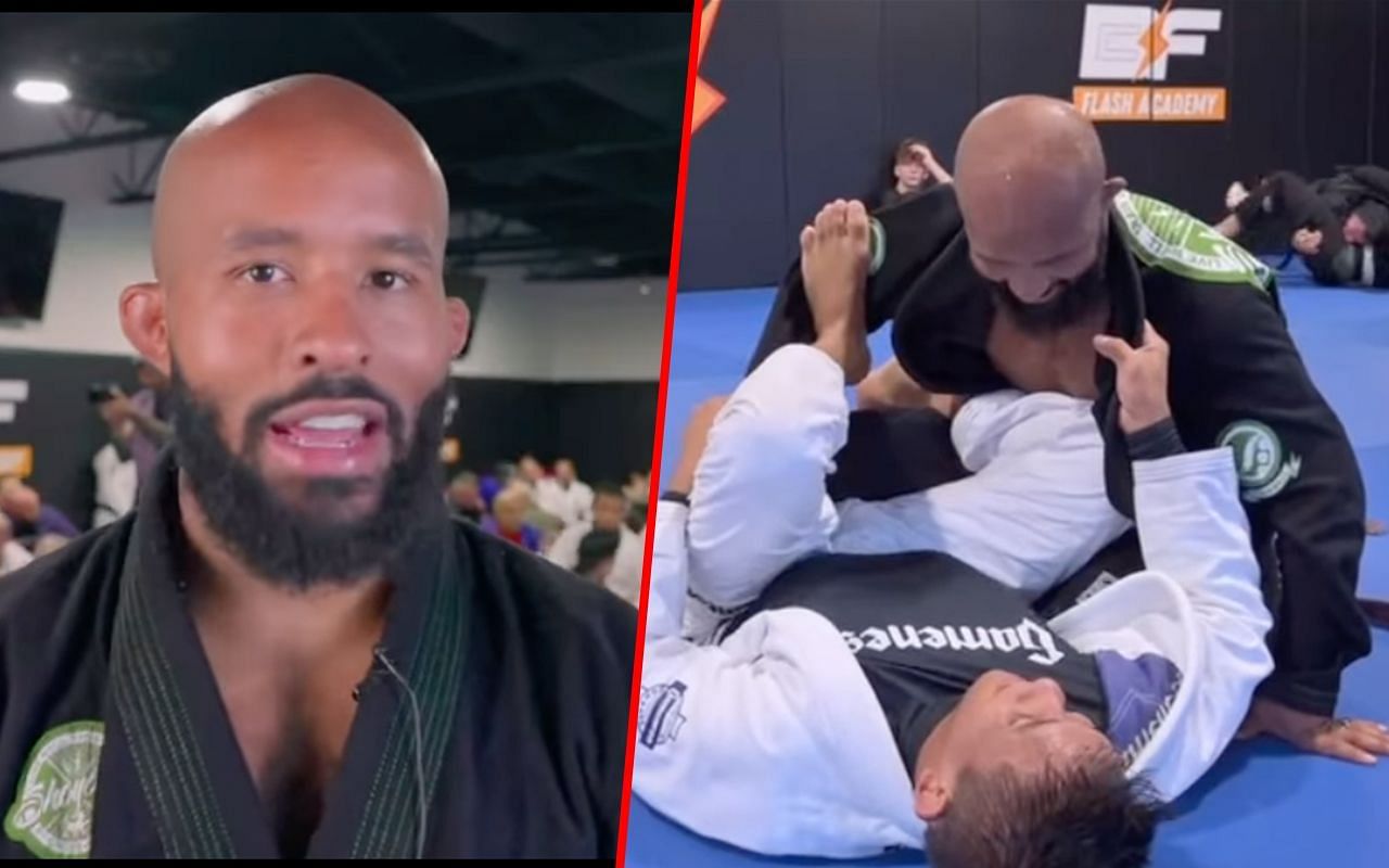 Demetrious Johnson (left) and Johnson during a BJJ training session (right)