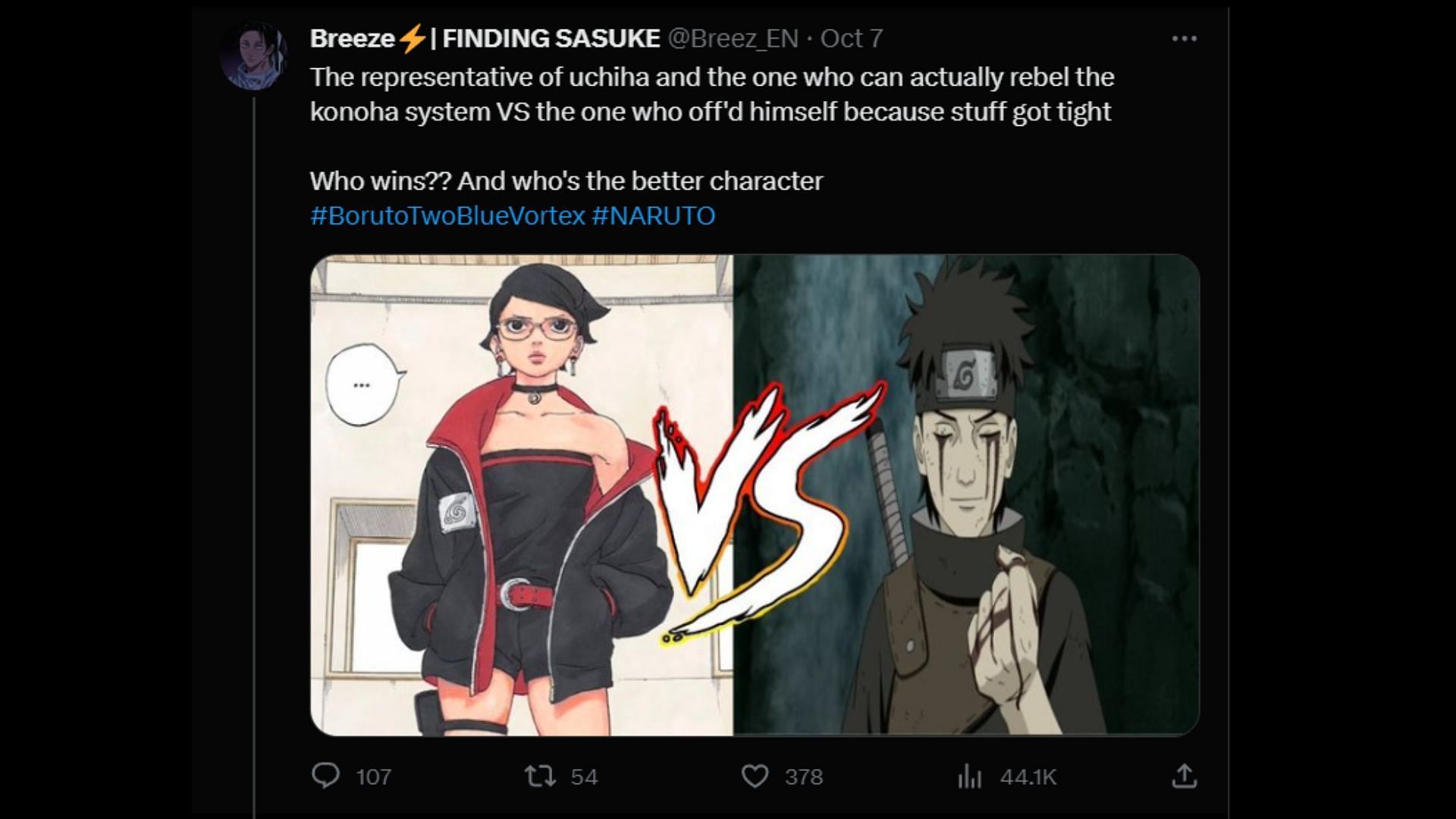 Fans draw a comparison between Sarada and Shisui&#039;s characters (Image via Twitter)