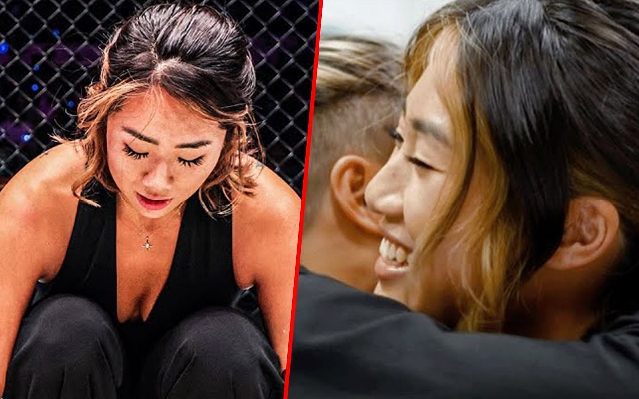 Angela Lee during her retirement (left) and Lee hugging another fighter (right) | Image credit: ONE Championship