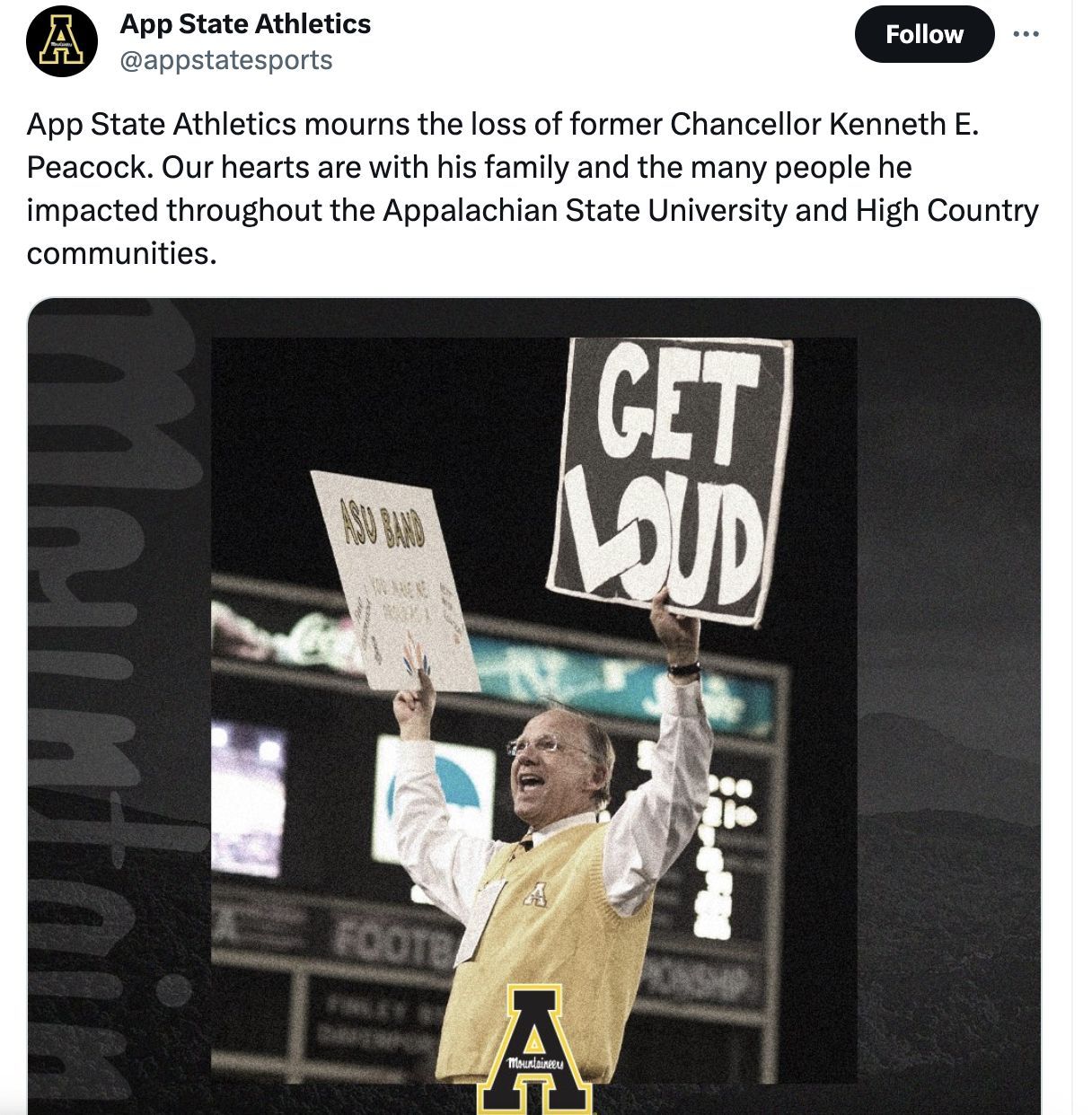 Social media users mourn the loss of Dr. Peacock, as the Former Appalachian State chancellor passes away untimely. (Image via @appstatesports/ Twitter)