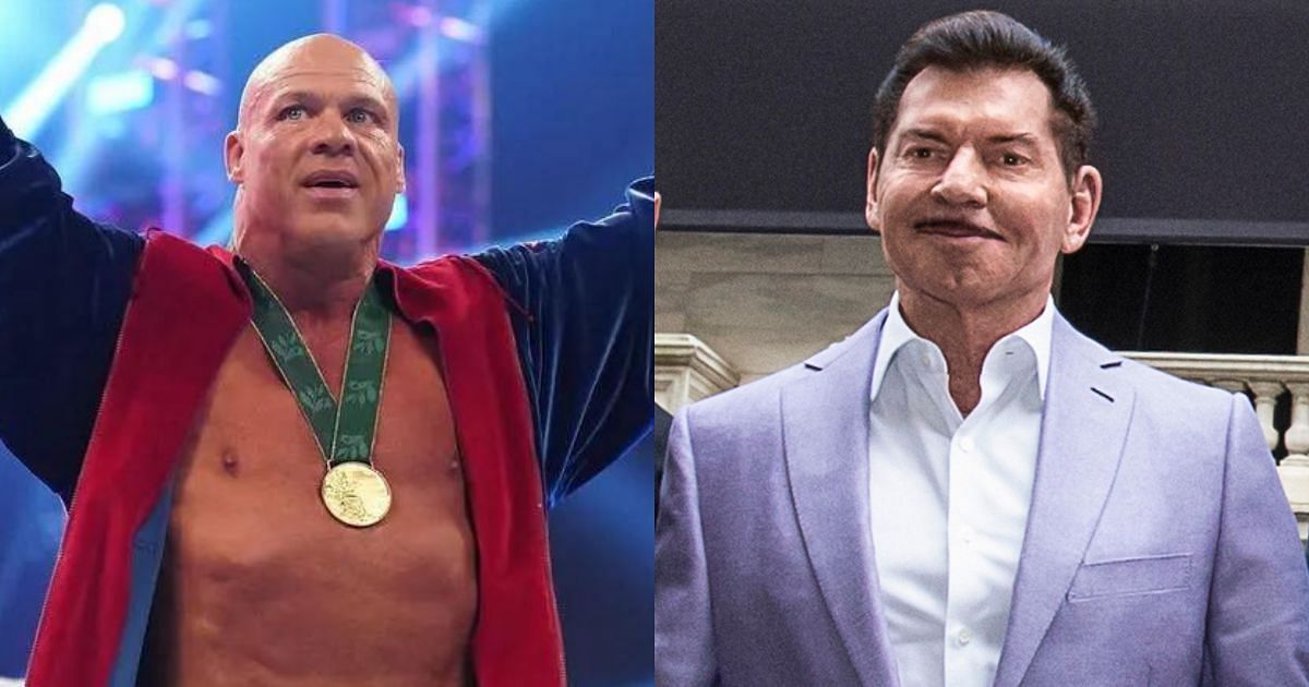 WWE icons Kurt Angle and Vince McMahon.