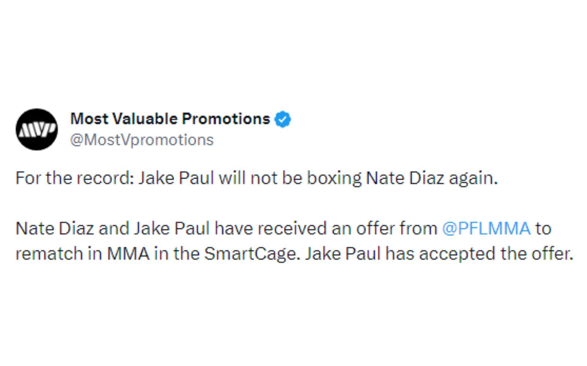 Most Valuable Promotions' tweet regarding a rematch in MMA