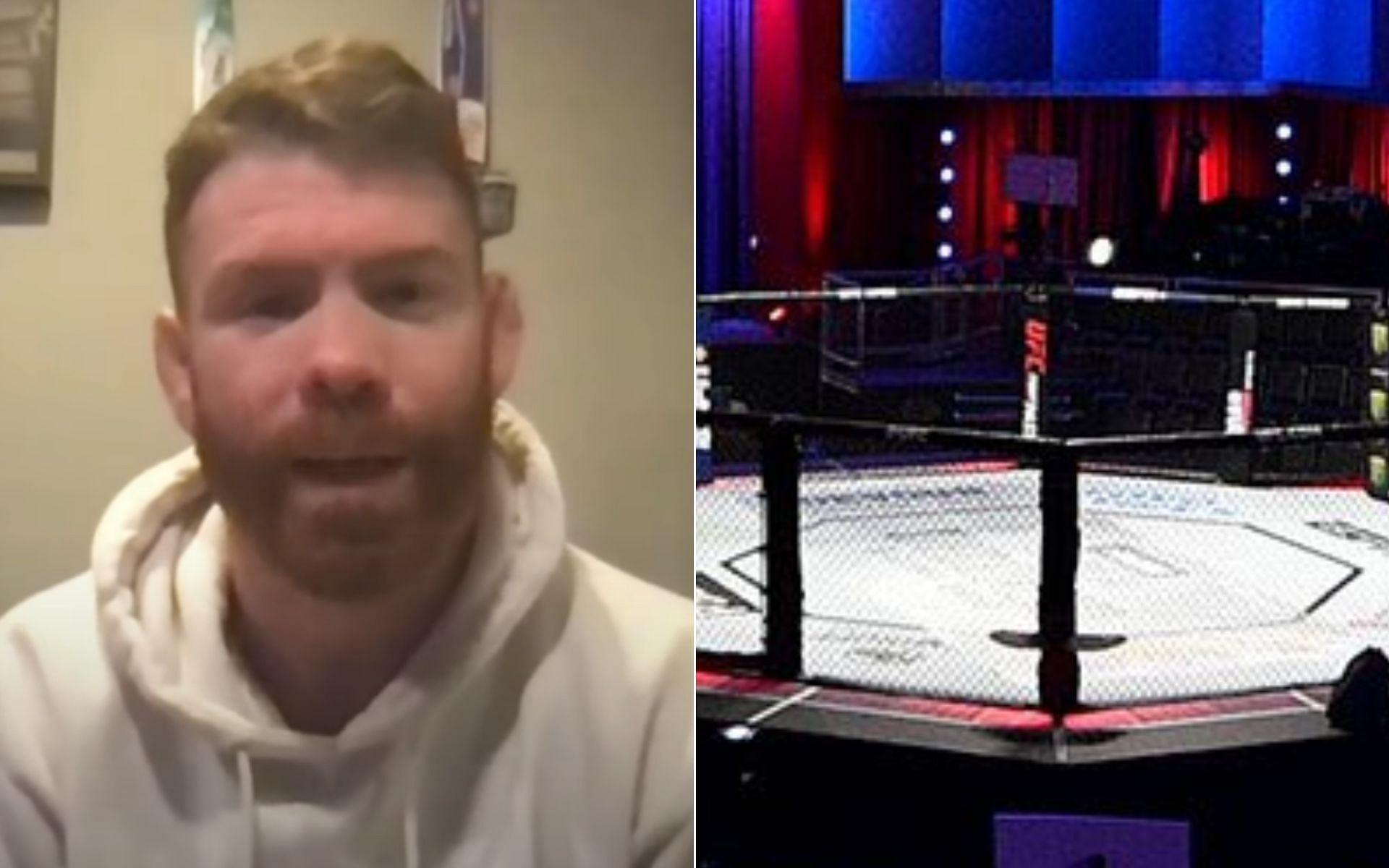 Paul Felder [Left], and UFC octagon [Right] [Photo credit: Michael Bisping Podcast - YouTube, and @danawhite - X]