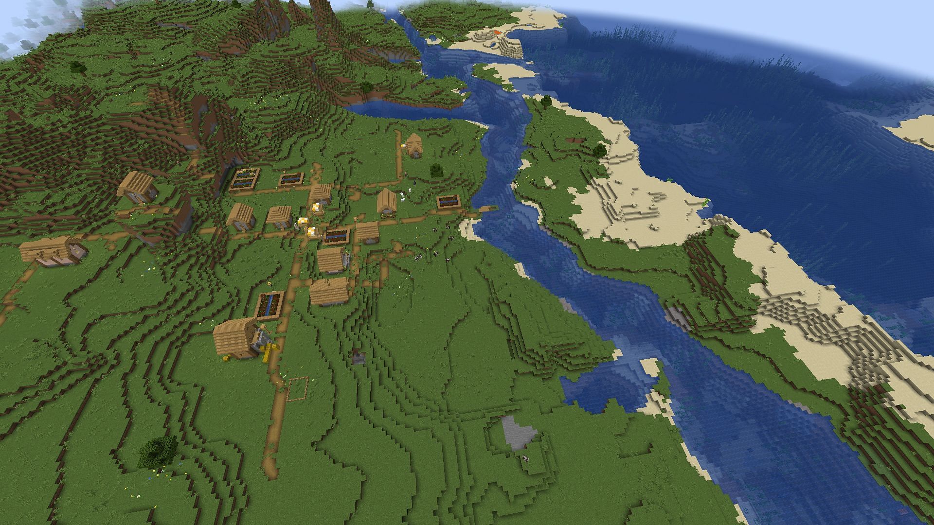 Two villages rest on the shoreline of this Minecraft seed (Image via Mojang)