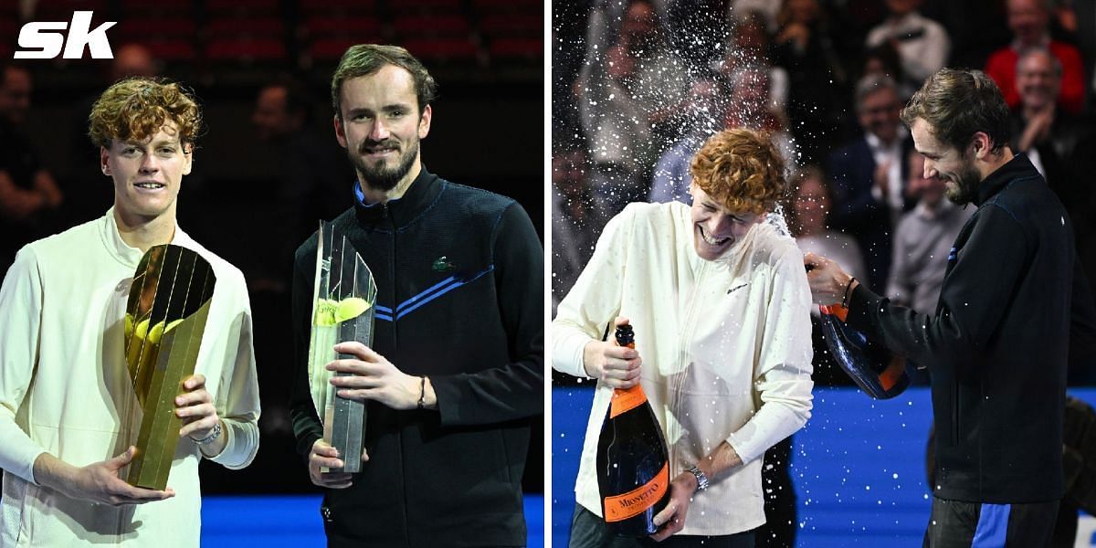 Daniil Medvedev douses Jannik Sinner with champagne after losing the 2023 Vienna Open final