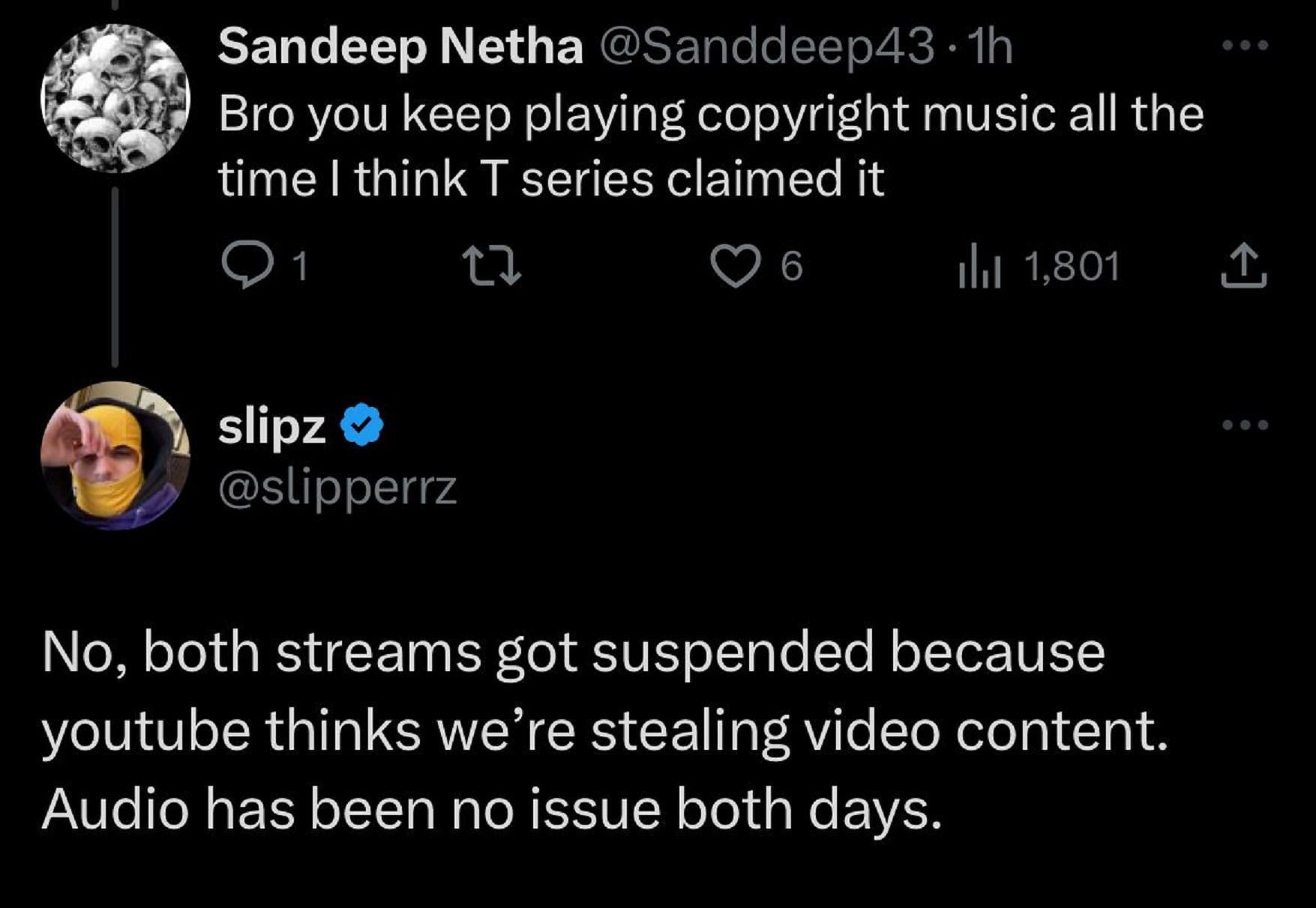 Slipz confirms that copyrighted music is not the reason behind the problem (Image via X)