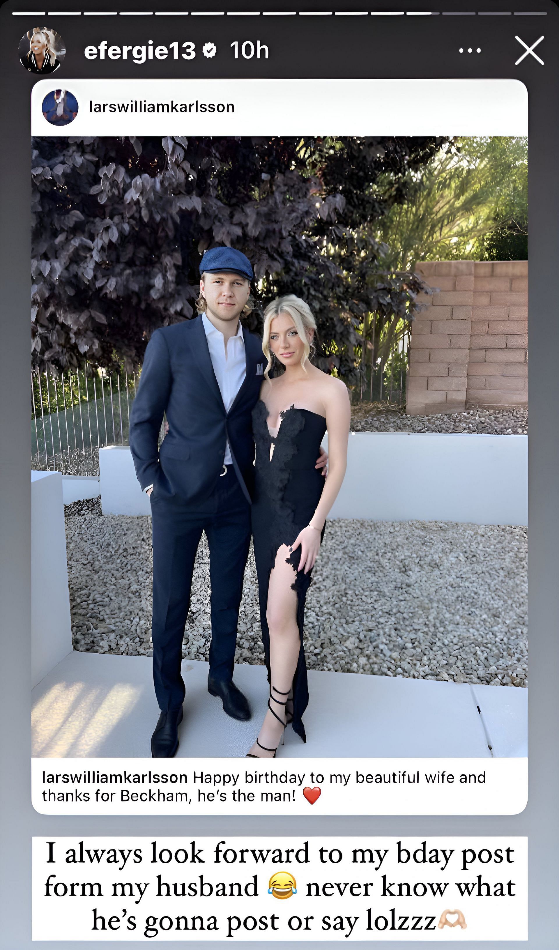 William Karlsson&#039;s wife Emily left in splits over her husband&#039;s unique birthday wish. (Image Credit: efergie13/Instagram)