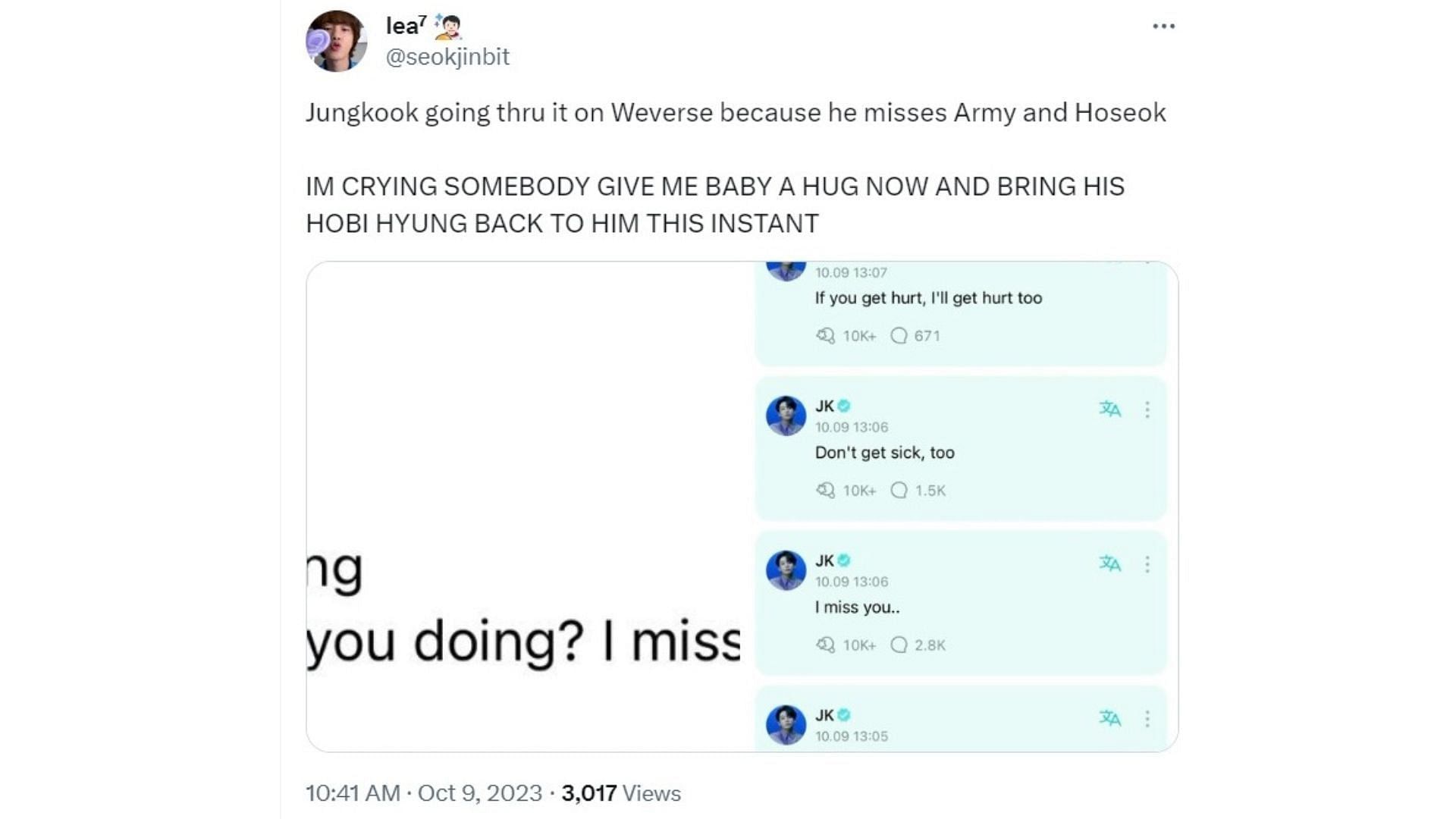 Fans react to Jungkook&#039;s Weverse comments on j-hope&#039;s post (Image via X/seokjinbit)