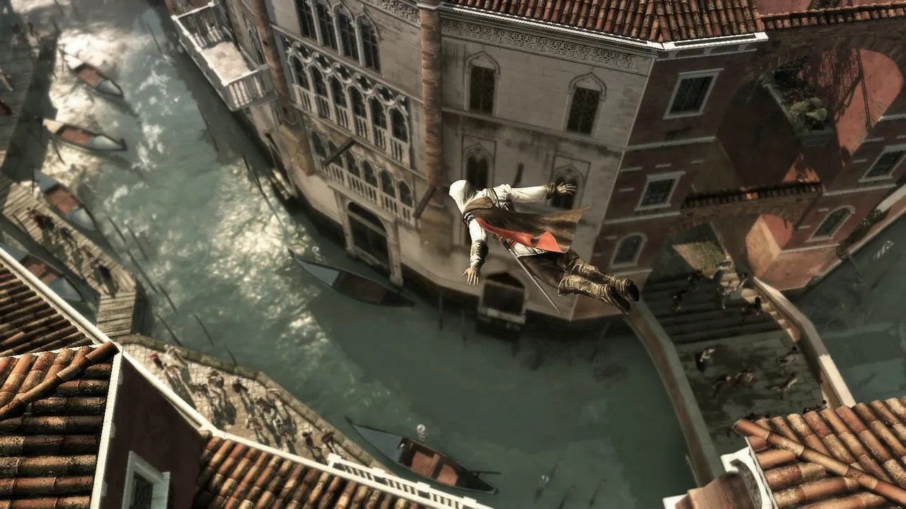 Ezio taking a leap of faith (Image via Ubisoft)