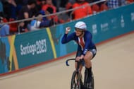 Mandy Marquardt celebrates on Track Cycling - Women's Sprint Final for Bronze race at the 2023 Pan Am Games in Santiago, Chile.