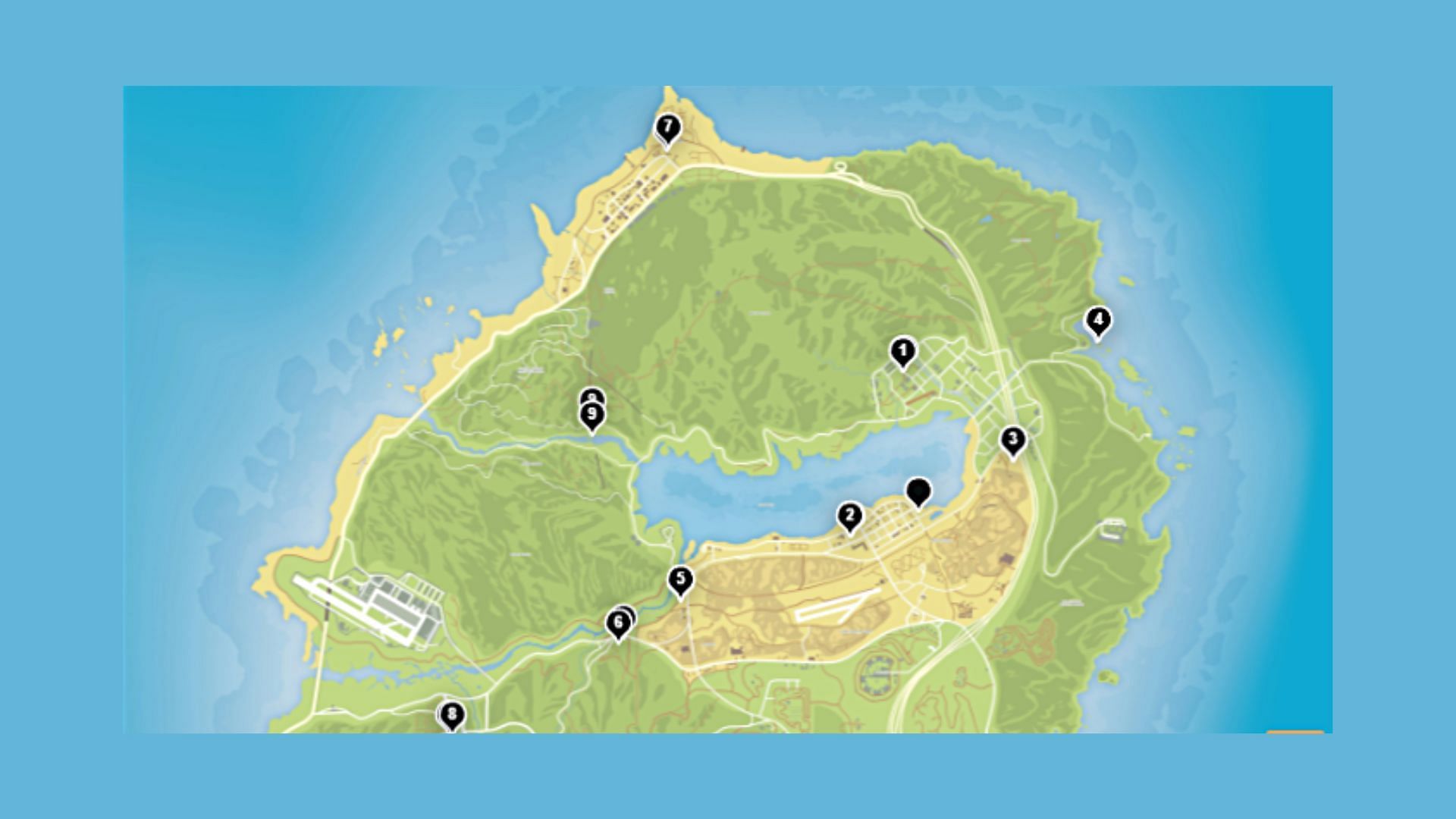 A map overview of all possible ghosts locations in GTA Online Ghosts Exposed event (Image via Rockstar Games)