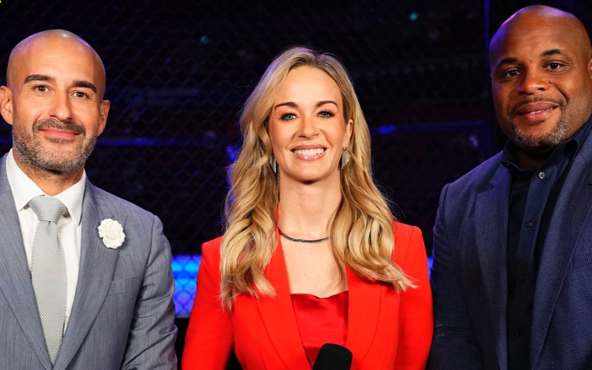 Laura Sanko (pictured with Jon Anik and Daniel Cormier) is a widely recognisable UFC personality [Image Credit: @laura_sanko on Instagram]