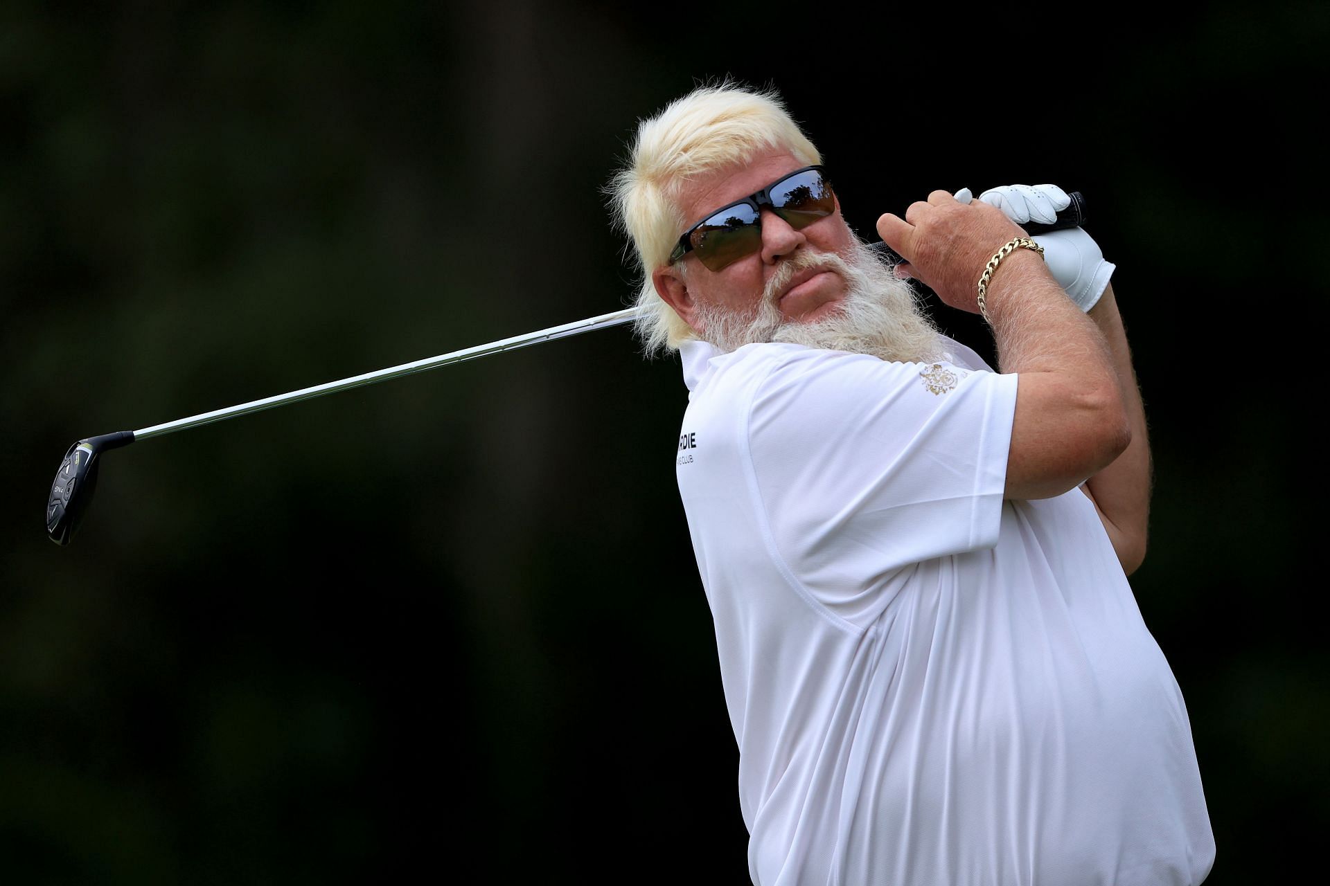 John Daly plays a shot on the fourth hole during the first round of the Constellation FURYK &amp; FRIENDS