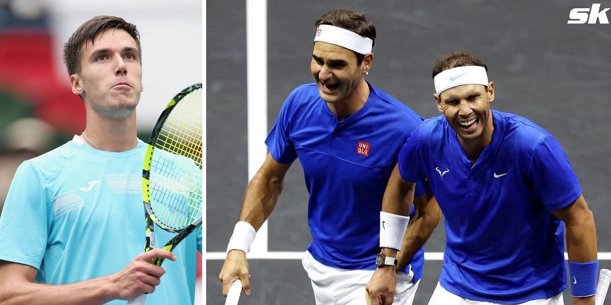 Fabian Marozsan (L), Roger Federer and Rafael Nadal (R)