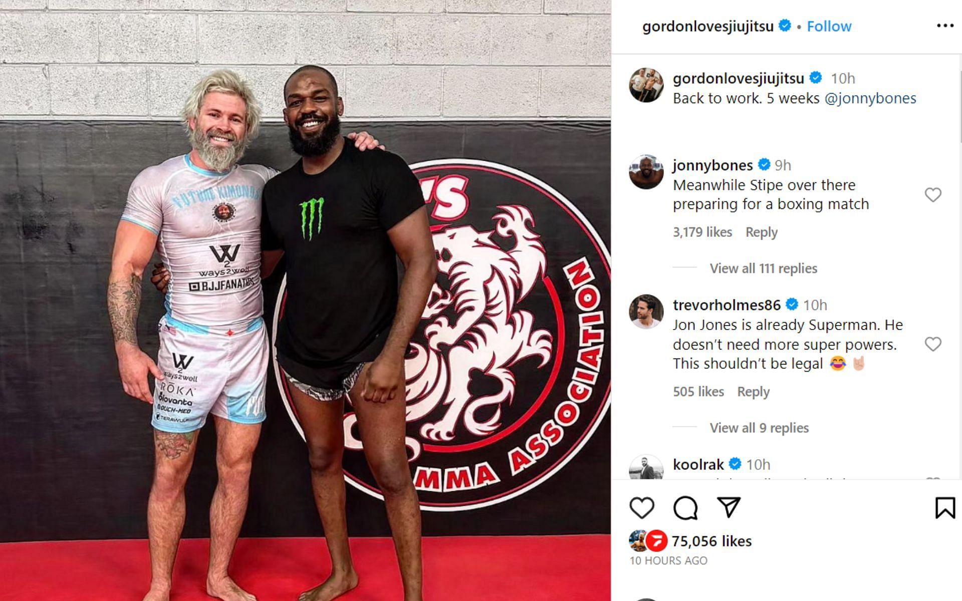 Jones&#039; comment on Gordon Ryan&#039;s Instagram post