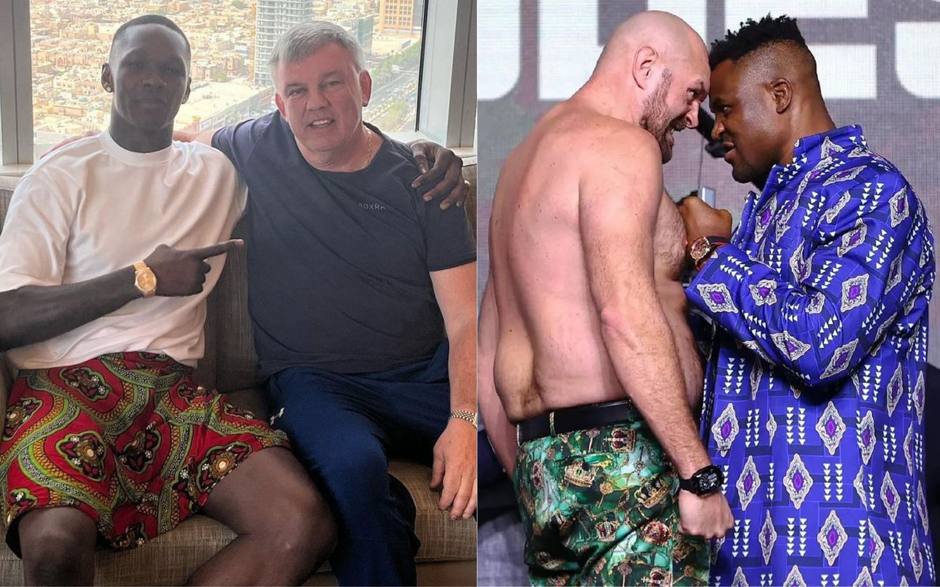 Israel Adesanya and Teddy Atlast (left) Tyson Fury and Francis Ngannou (right) [Image courtesy @teddy_atlas @francisngannou on Instagram]