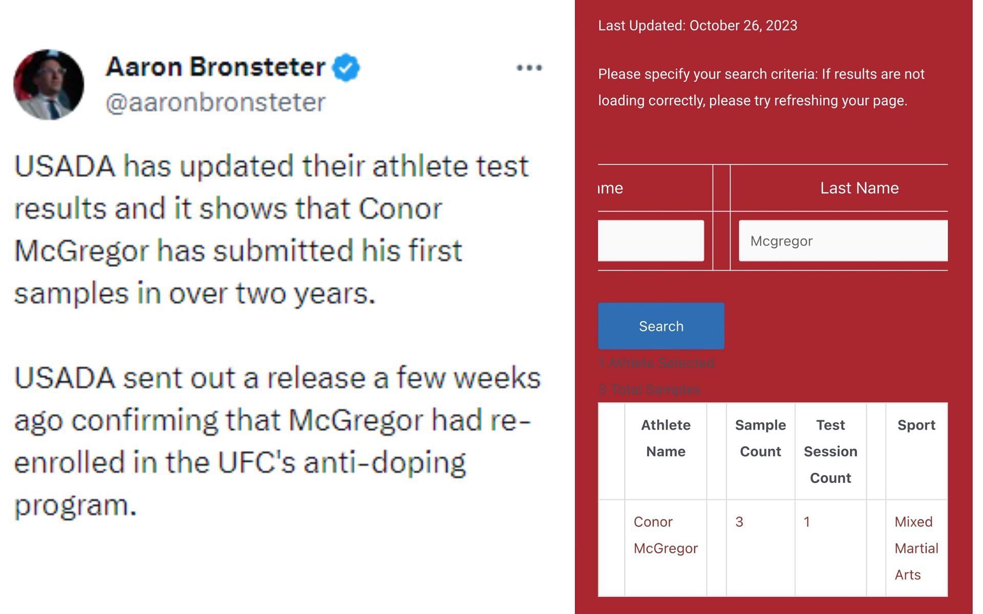 Aaron Bronsteter&#039;s tweet and photo regarding USADA testing update