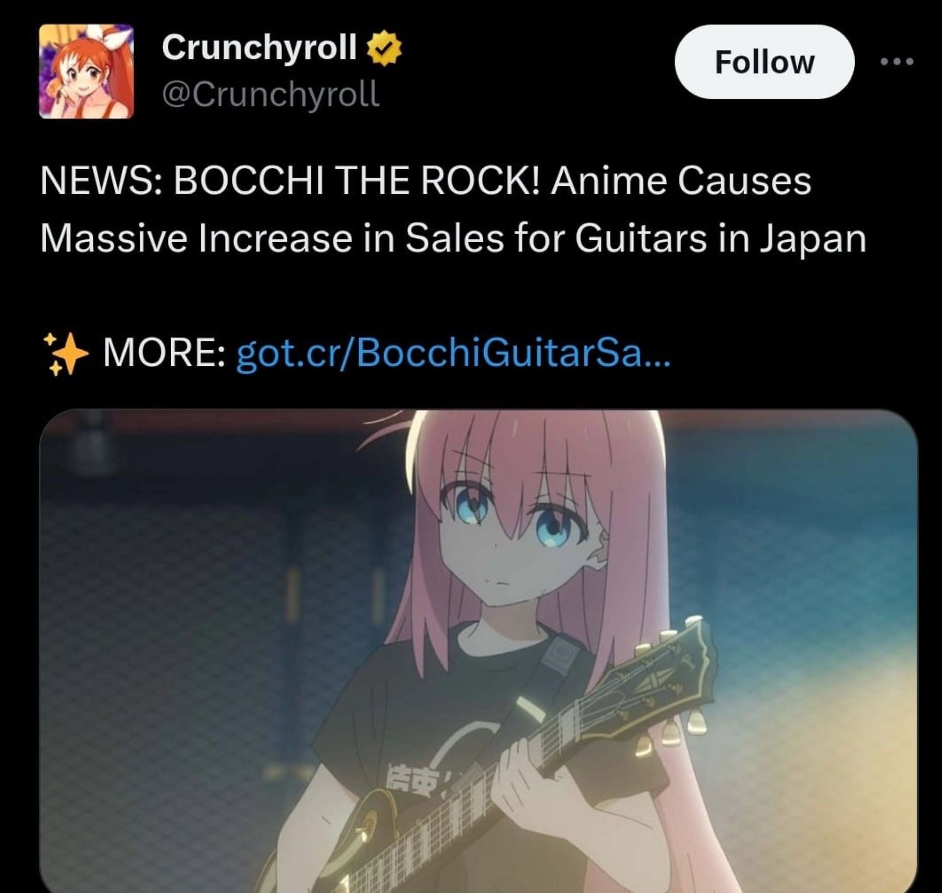 Bocchi anime influences guitar sales (Image via X/Twitter)