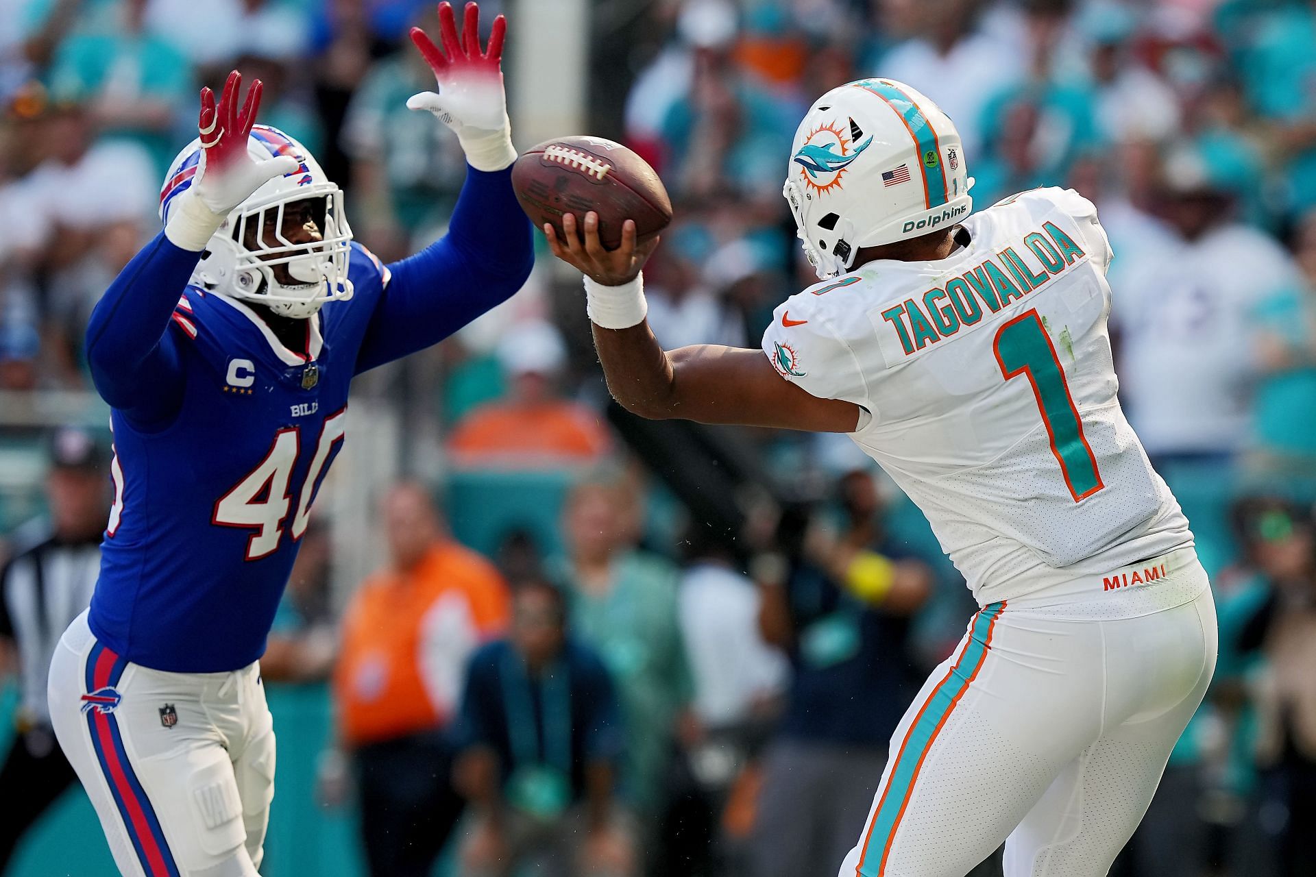 Von Miller blocking Tua Tagovailoa Von Miller speaks before Super Bowl LVII