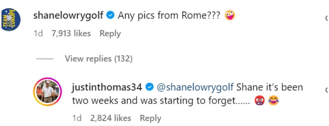 Shane Lowry and Justin Thomas&#039; Instagram conversation screenshot