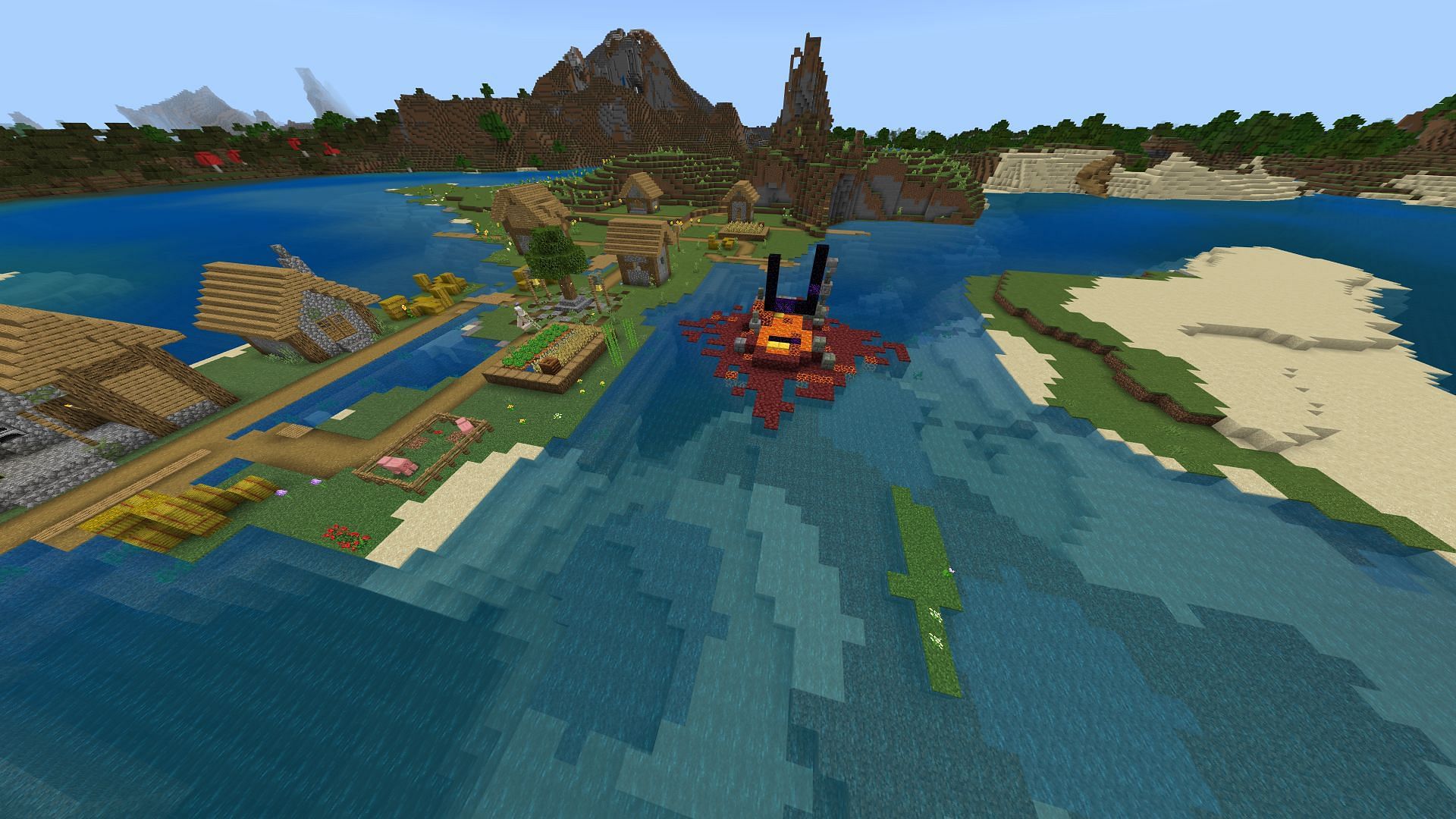 This Minecraft Bedrock seed offers three villages with their own benefits (Image via Mojang)