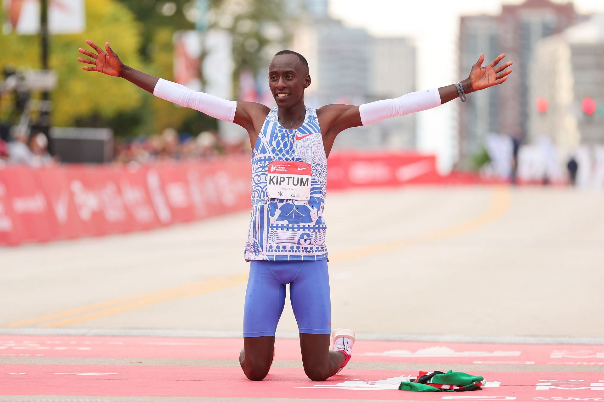 Kelvin Kiptum of Kenya celebrates after winning the 2023 Chicago Marathon professional men&#039;s division and setting a world record marathon time of 2:00.35 in Chicago, Illinois