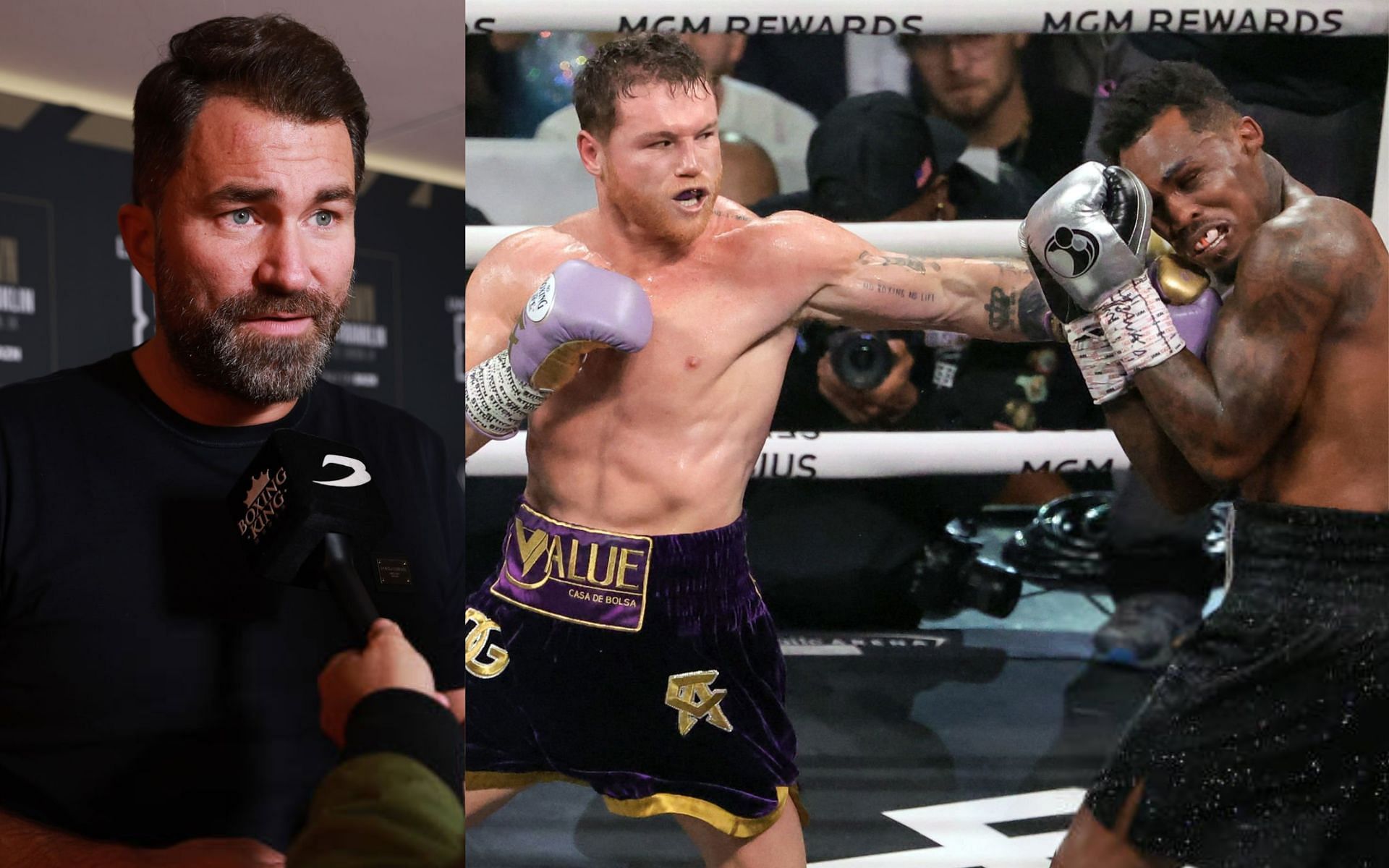 Eddie Hearn (left) and Canelo Alvarez vs. Jermell Charlo (right) [Images Courtesy: @GettyImages]