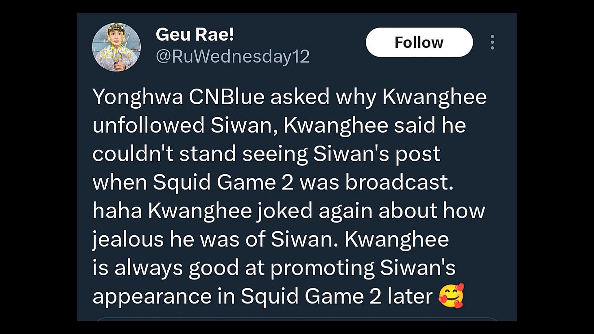 Fans talking about Kwanghee&#039;s reason for unfollowing Summer Strike actor. (Image via ruwednesday/X)