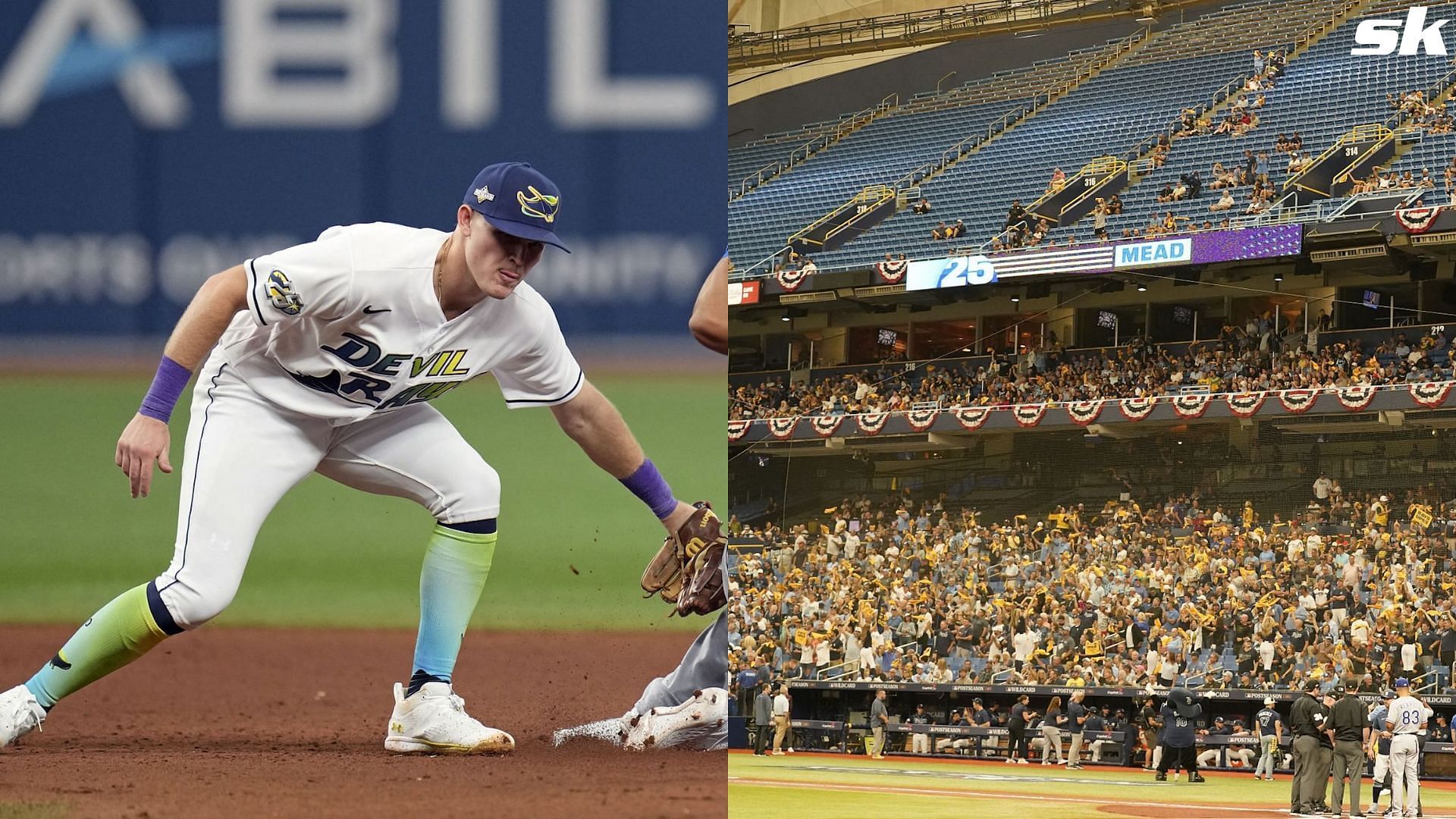 Curtis Mead of the Tampa Bay Rays and an image of Tropicana Field during Game 2 of the AL Wild Card Series