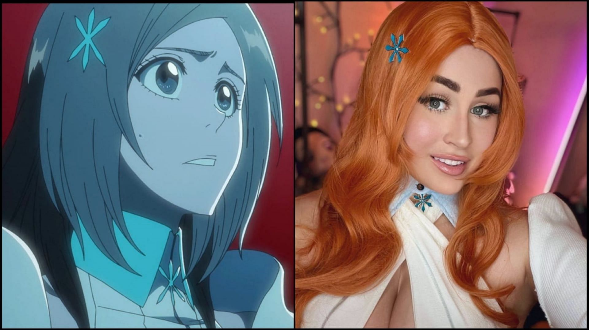 Orihime in Bleach TYBW and her cosplayer (Image via Sportskeeda)