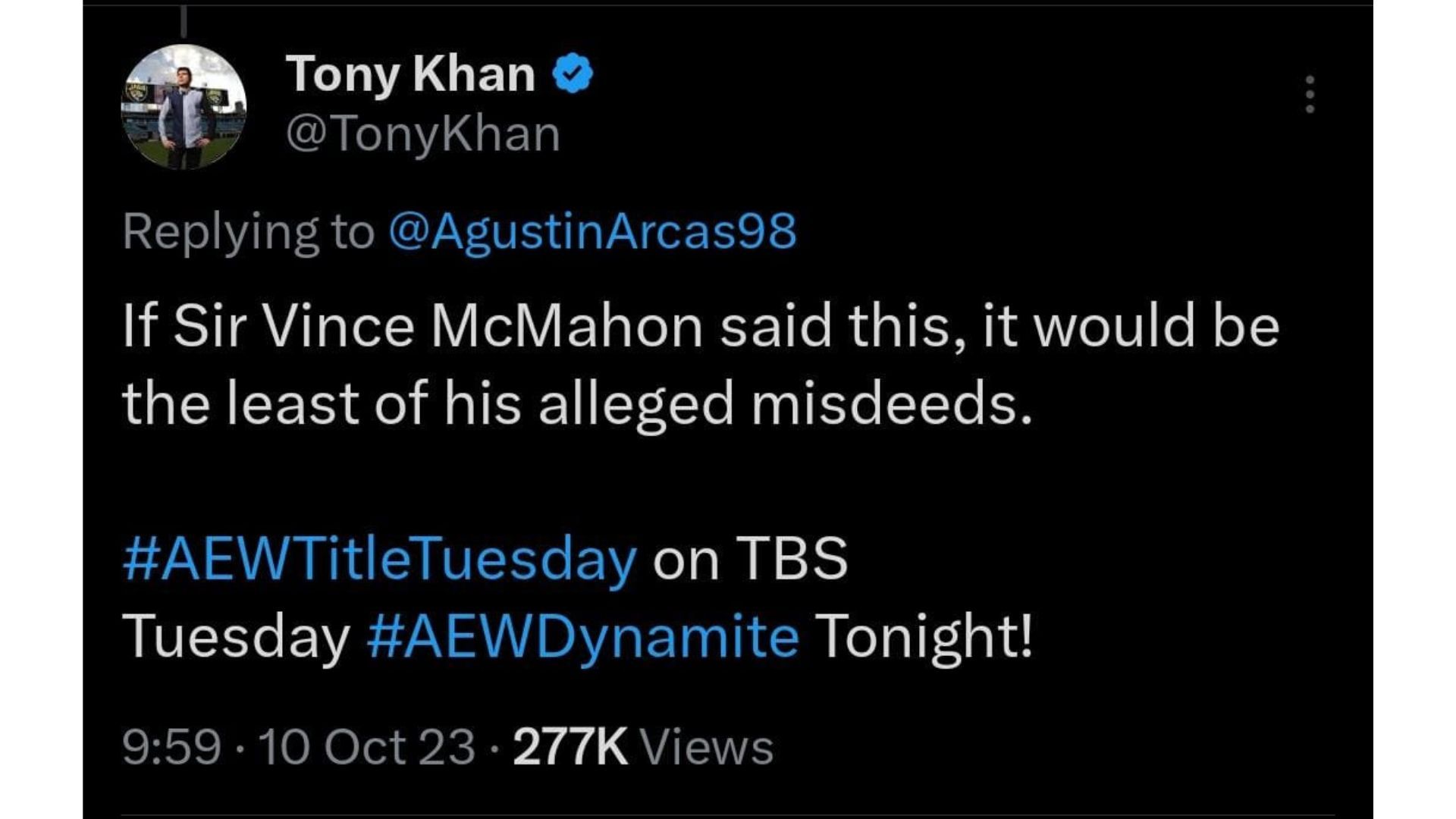 Screenshot of Tony Khan&#039;s latest tweet.