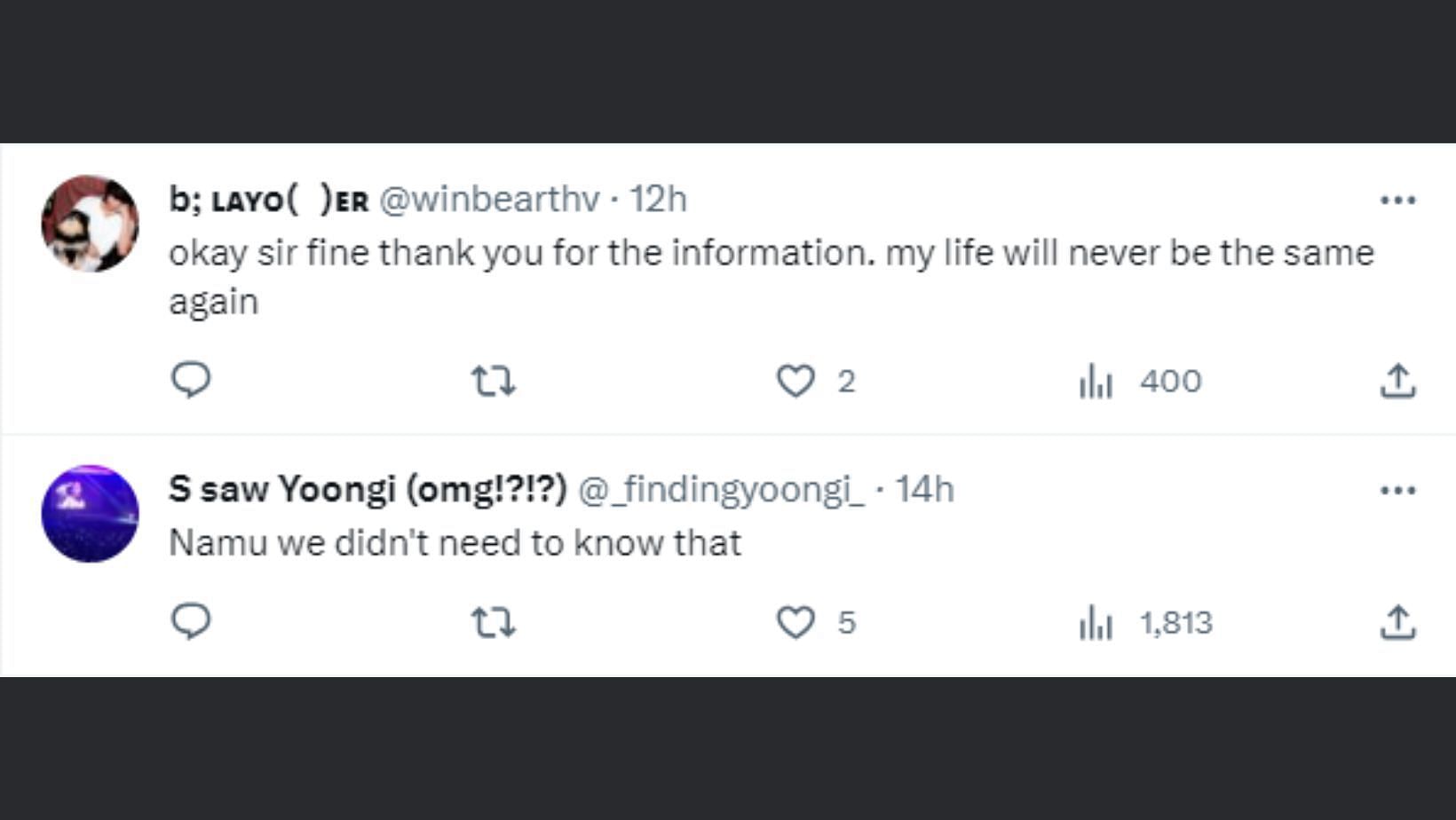 Fans react to the BTS idol&rsquo;s hilarious comment during his Weverse LIVE. Image via Twitter/@winbearthv and @_findingyoongi_)