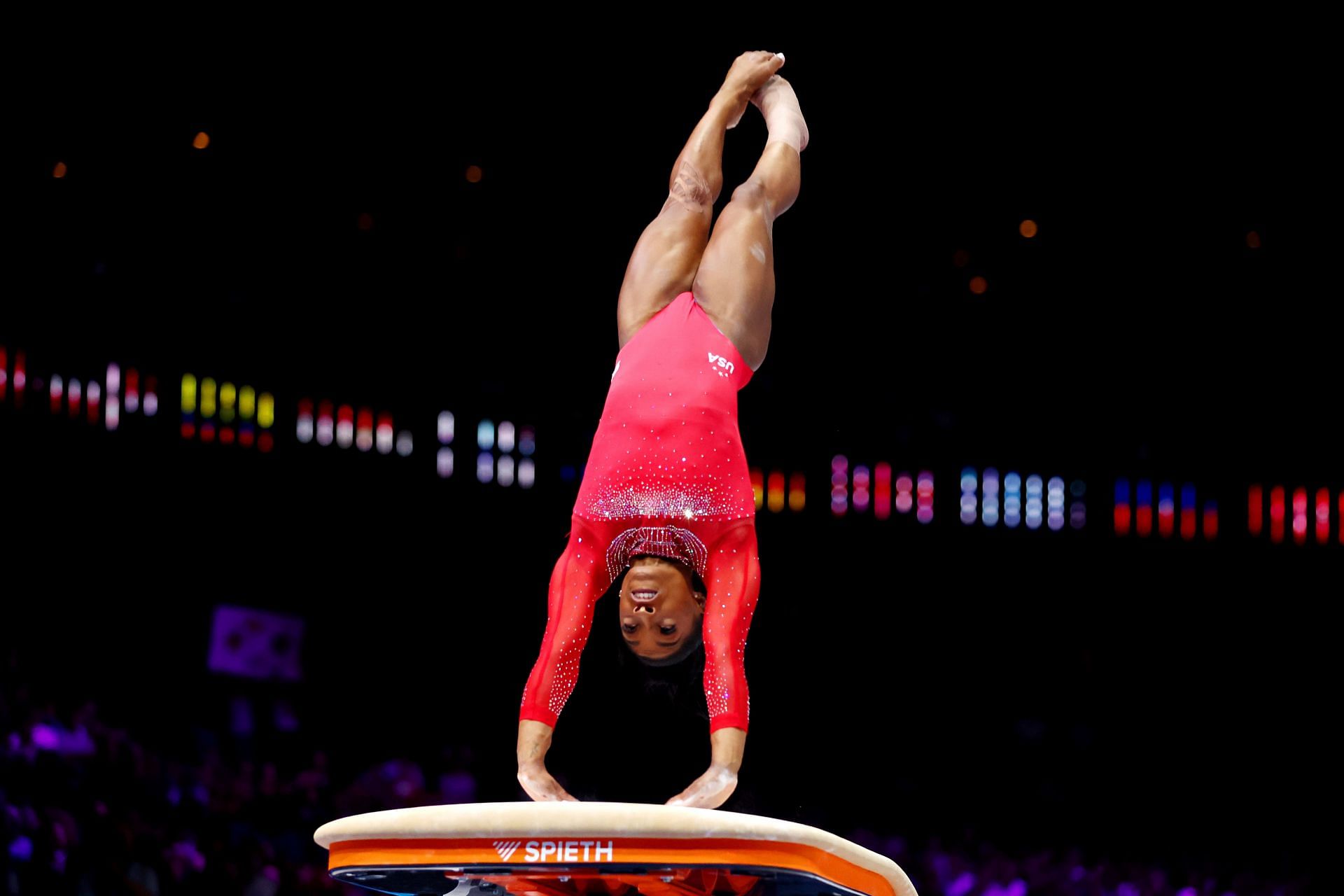 Simone Biles competes during the Women&#039;s Vault Final at the 2023 Artistic Gymnastics World Championships at Antwerp Sportpaleis in Antwerp, Belgium.