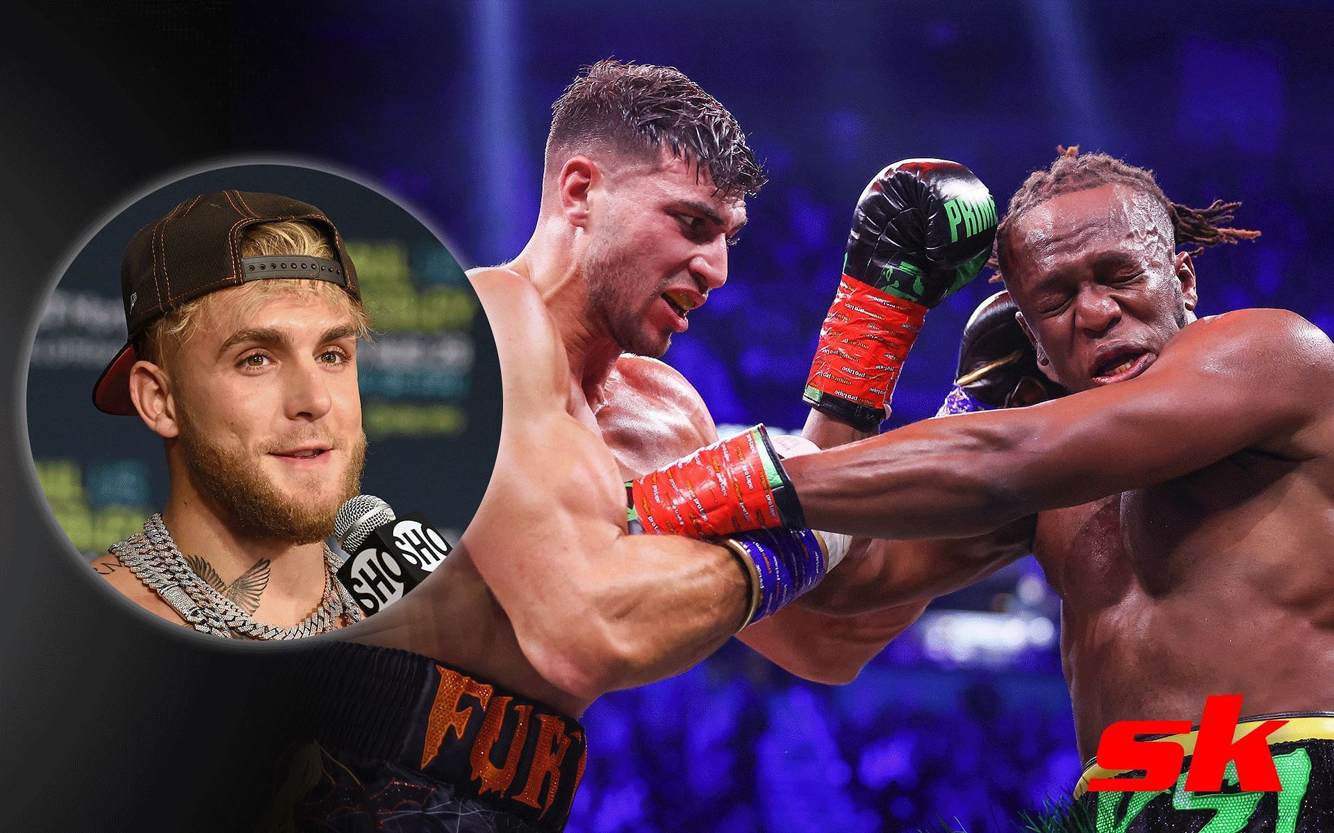 Jake Paul (inset) and Tommy Fury vs KSI (Images via Getty)