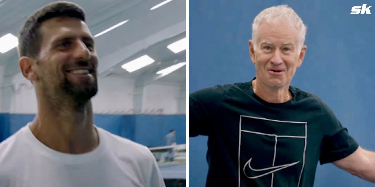 John McEnroe takes part in hitting session with Novak Djokovic