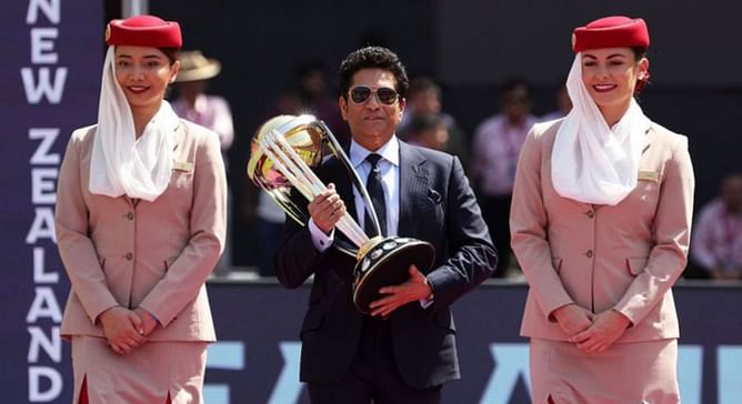 [Pictures] Sachin Tendulkar, 2023 World Cup ambassador, escorts trophy onto the podium ahead of ENG vs NZ opener