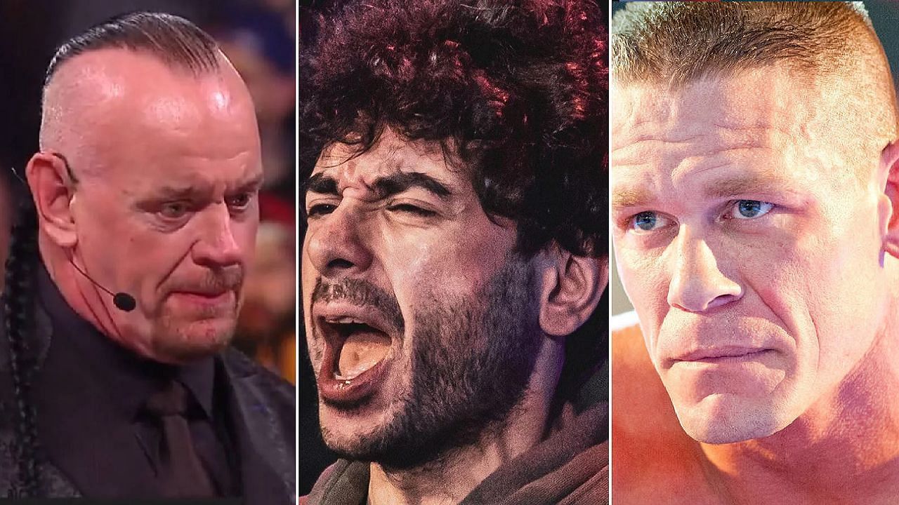 The Undertaker (left); Tony Khan (middle); John Cena (right)