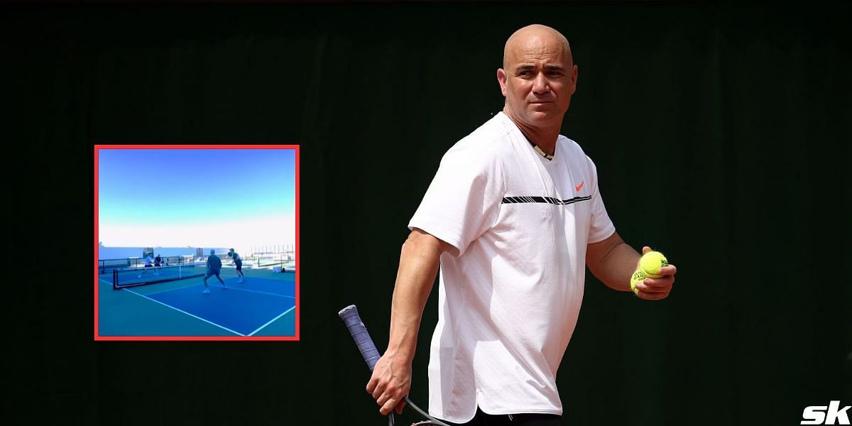 Andre Agassi plays pickleball with Sam Querrey (inset)