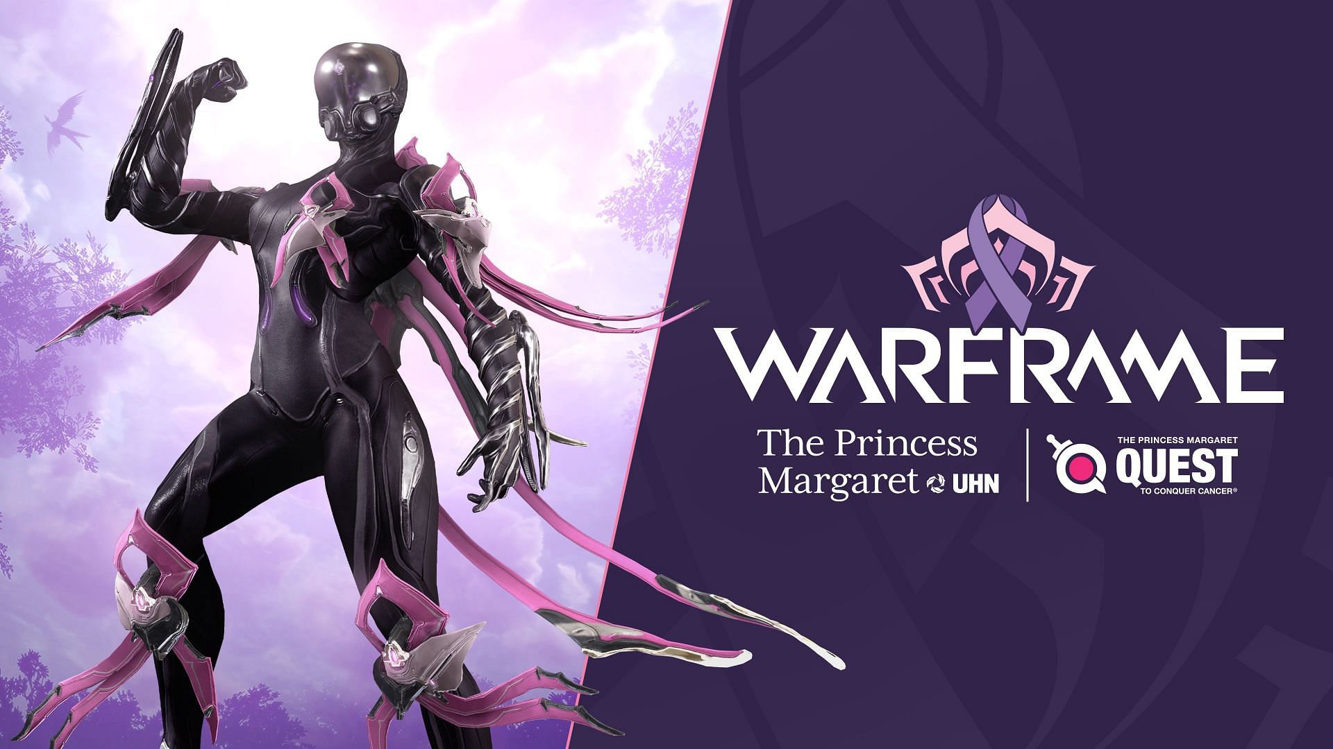 The Warframe Mag adorned in the Conquera armor, Logos of Warframe, Princess Margaret Foundation, Quest to Conquer Cancer