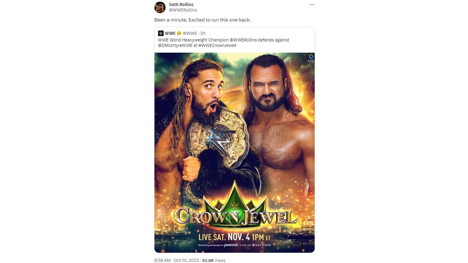 Seth Rollins reacts to his upcoming title defense against Drew McIntyre at Crown Jewel.