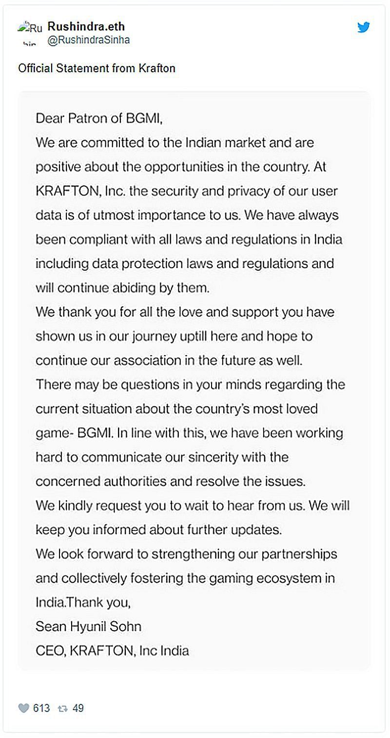 Official statement of Krafton (Image via X/RushindraSinha)