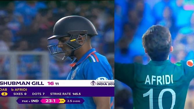 [WATCH] Shubman Gill dismissed for 16 runs by Shaheen Afridi after a quick start in IND vs PAK 2023 ODI World Cup clash