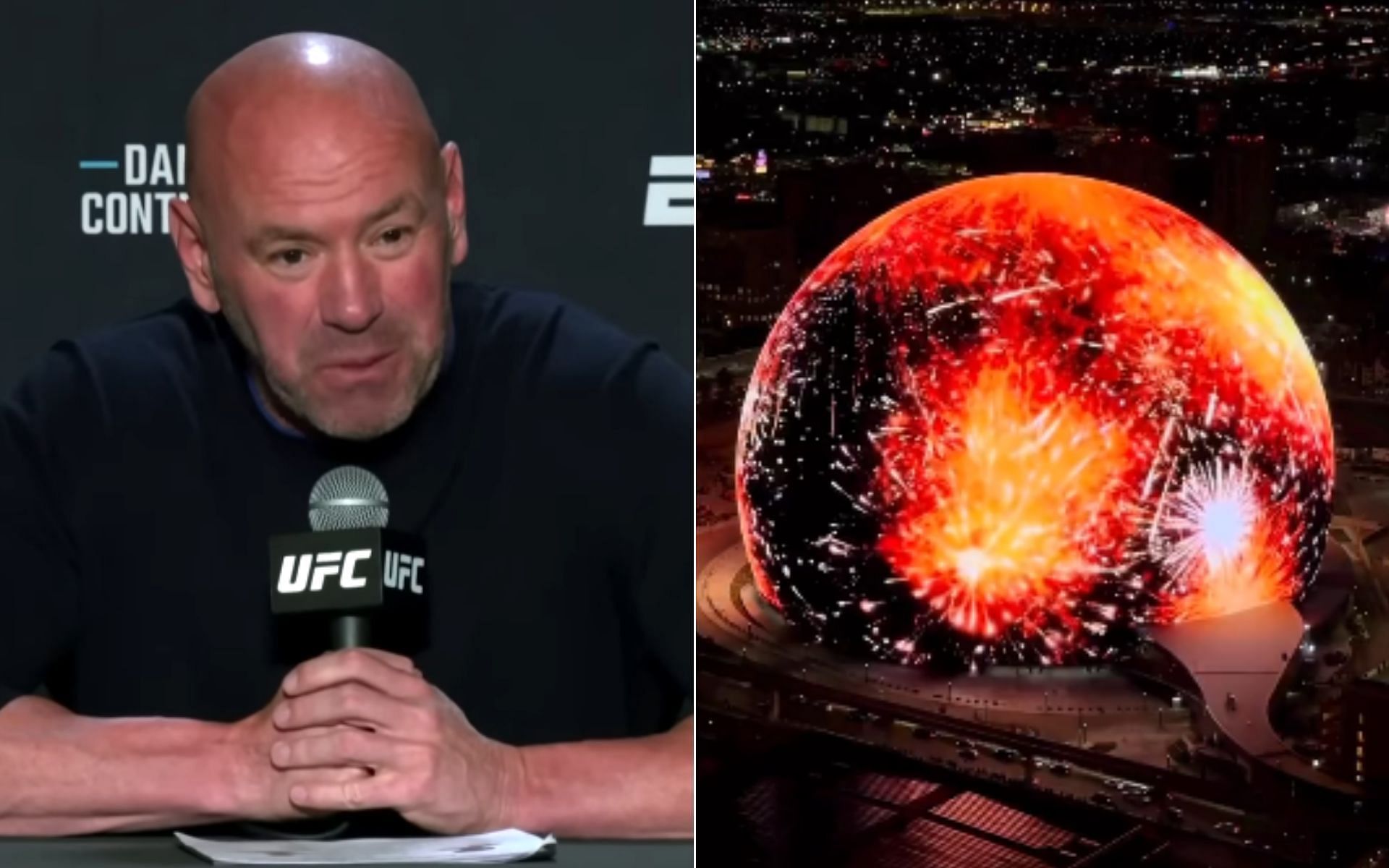 Dana White [Left], and The Sphere in Las Vegas [Right] [Photo credit: @VegasIssues - X]