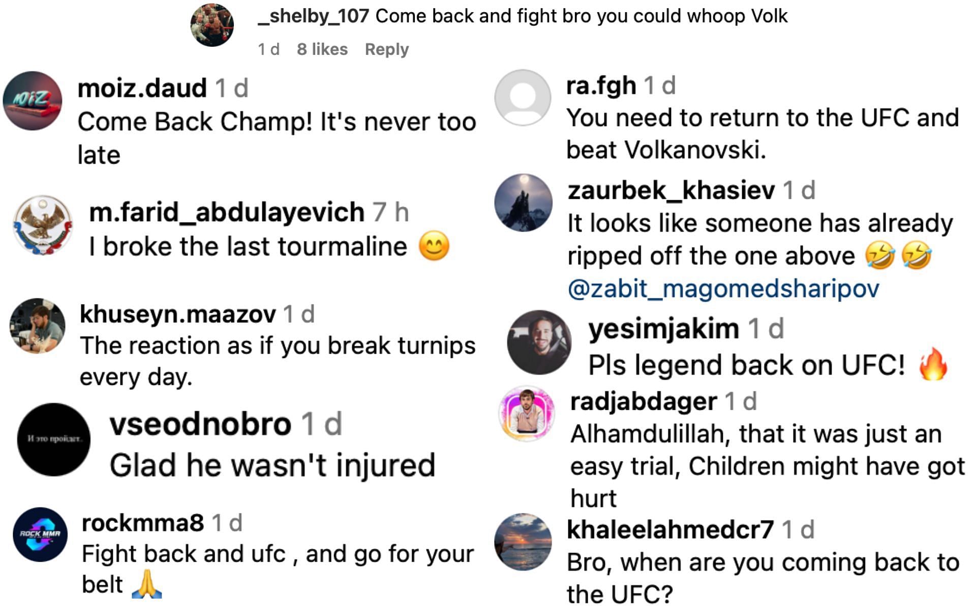 Fans comment under Magomedsharipov&#039;s Instagram post of him doing muscle-ups.