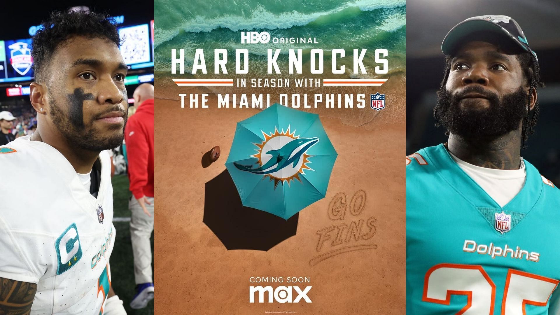 Xavien Howard and Tua Tagovailoa will appear on Hard Knocks, but neither is happy about it (outer images via Getty, inner image via HBO/Facebook)