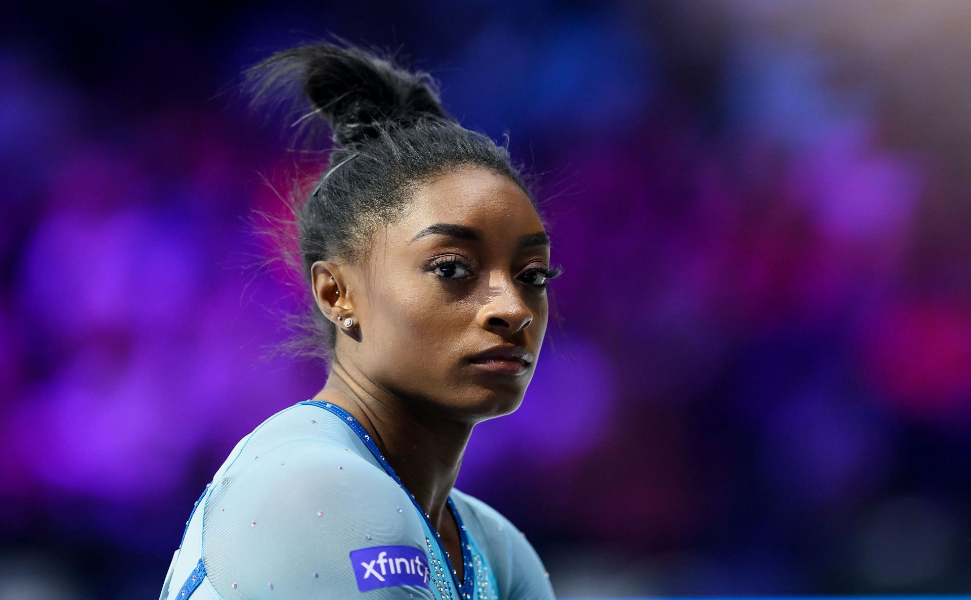 Simone Biles of the Team United States reacts during Women&#039;s Qualifications on Day Two of the FIG Artistic Gymnastics World Championships