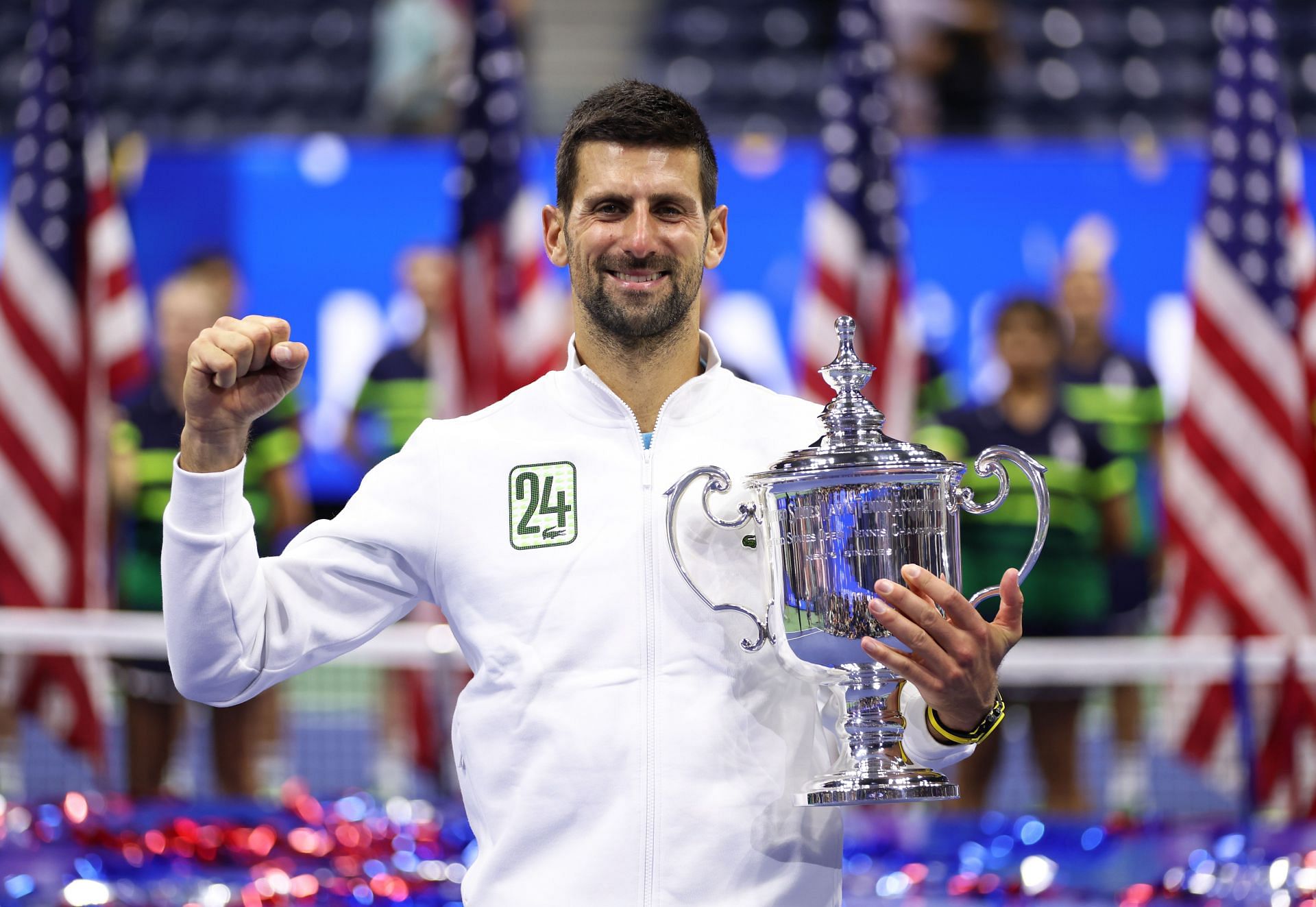 Novak Djokovic with his 2023 US Open trophy