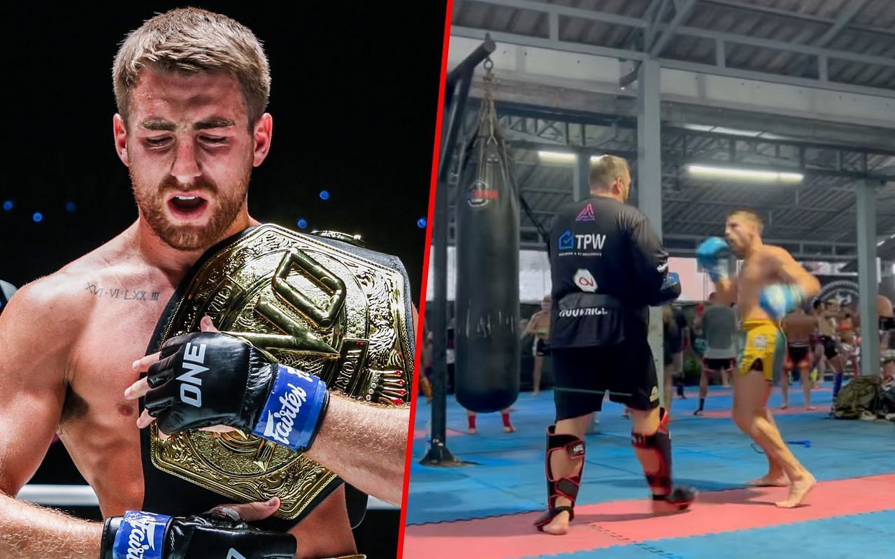 Jonathan Haggerty (left) and Haggerty hitting the pads in training (right) | Image credit: ONE Championship